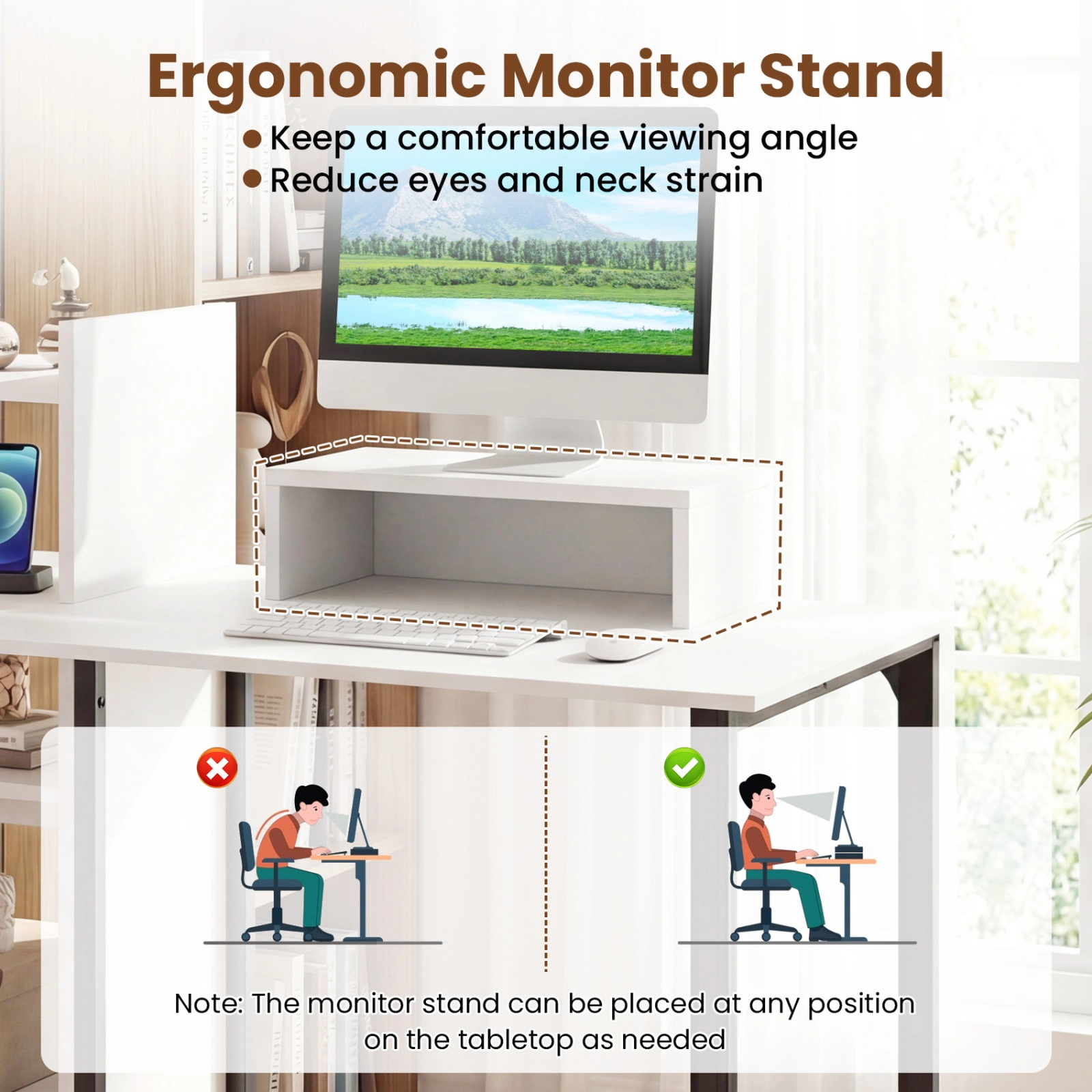 SUGIFT 43.5-in Computer Desk with Charging Station and Ergonomic Monitor Stand 110-lb Tabletop Capacity White & Black
