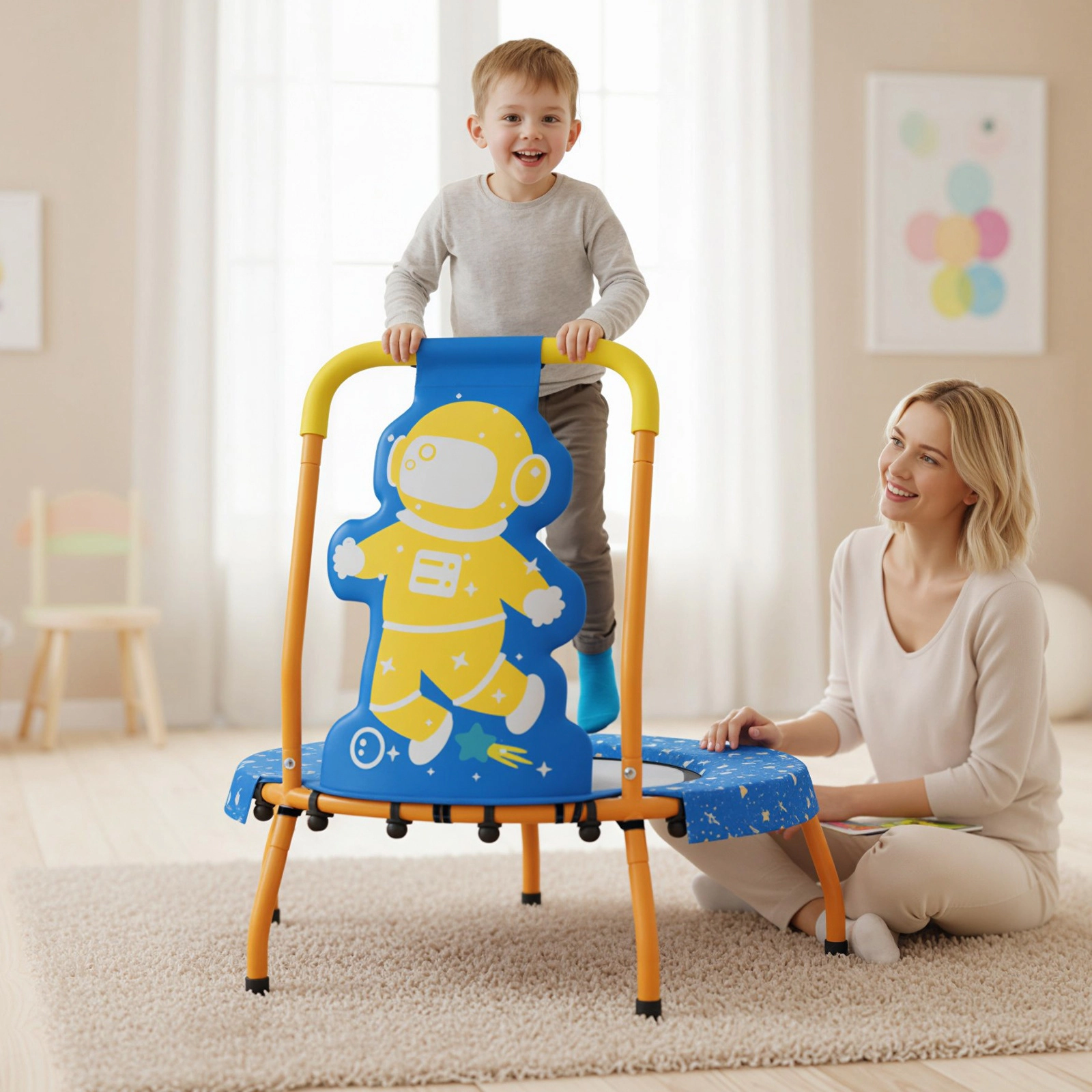 SUGIFT Springless Mini Trampoline for Toddlers Foam Padded Handle & Safety Padded Cover 176-lb Capacity Ages 3-6 Blue