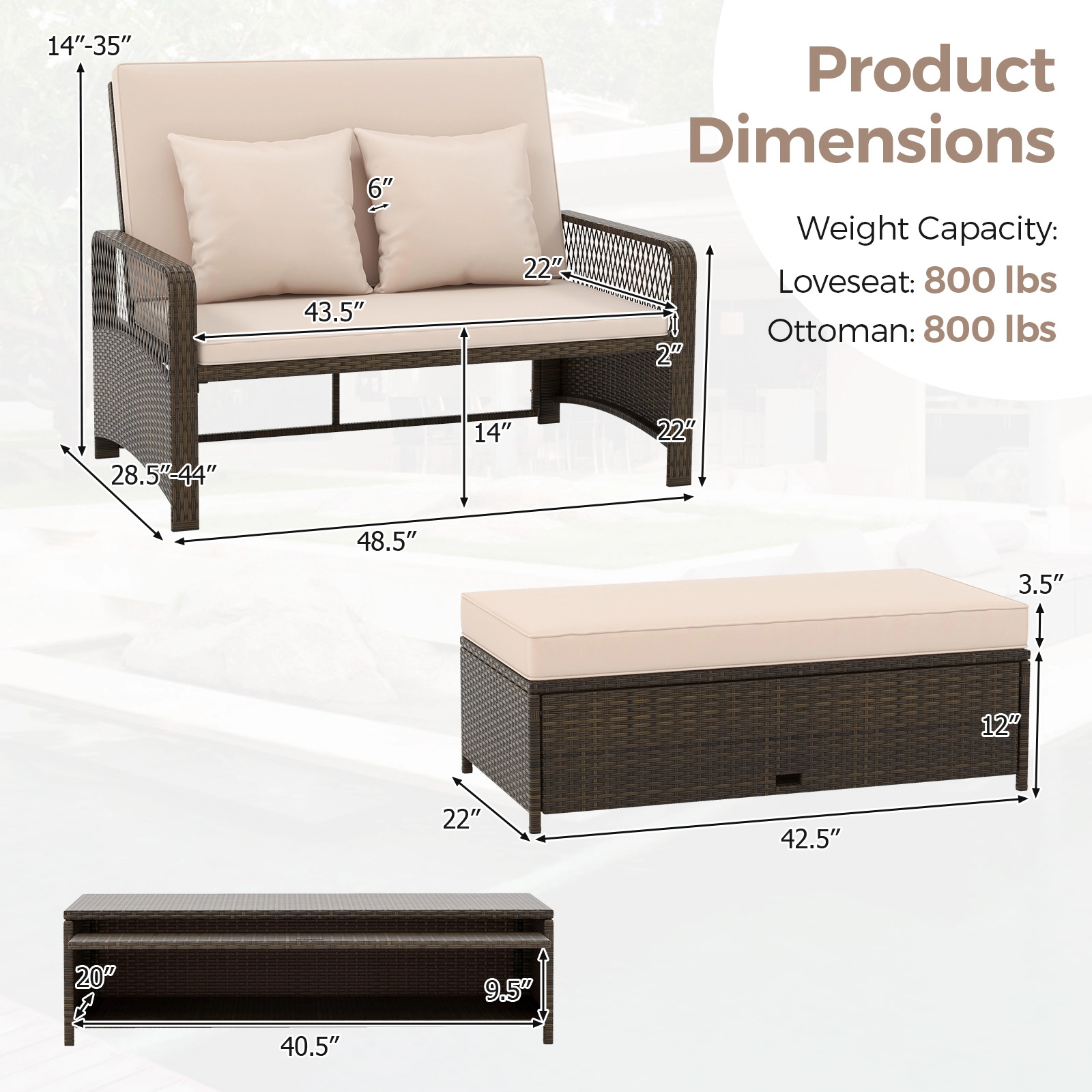 SUGIFT Beige 4-Level Backrest and Storage Ottoman Patio Adjustable Wicker Daybed