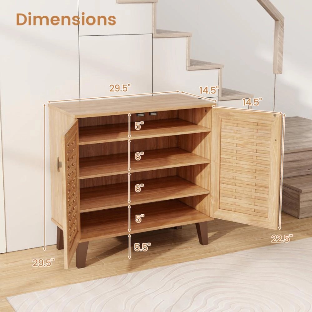 Hivvago 2-Door 4-Tier Shoe Cabinet Storage Organizer with Ventilated Woven Doors-Teak