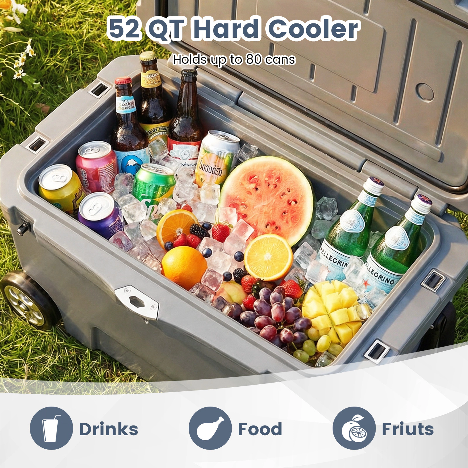 SUGIFT 52-qt 440-lb Capacity Insulated Hard Cooler with Wheels Built-in Ruler and 6-Day Ice Retention