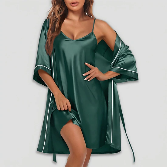Ekouaer Women Satin Robe Two Piece Set Nightgown with Robe Bridal Party Bathrobe Nightwear
