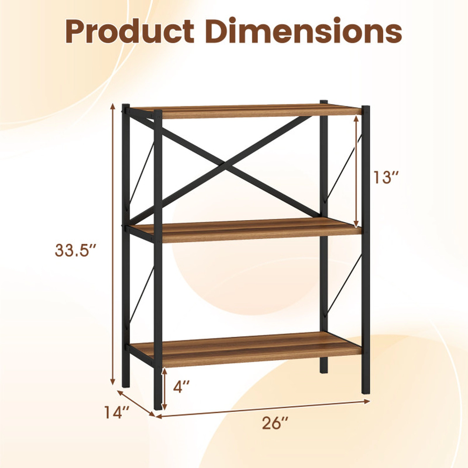 SUGIFT 3-Tier Walnut 33.5-in Short Bookshelf with Heavy-Duty Metal Frame X-Brace and 4-in Clearance