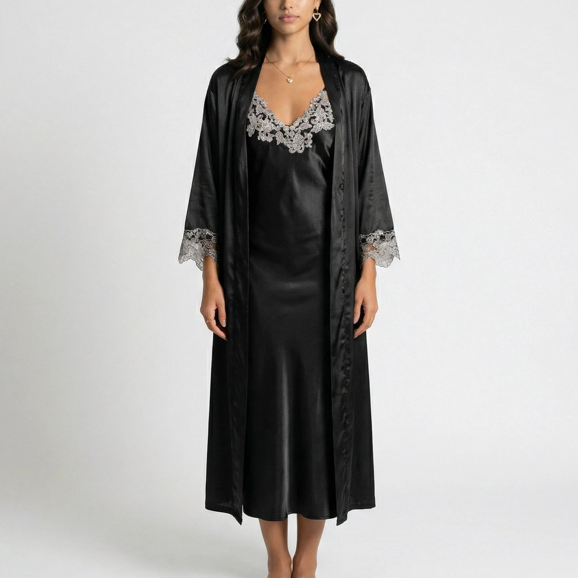 Anna-Kaci Women's Satin Long Robe and Lace Trim Nightgown Set