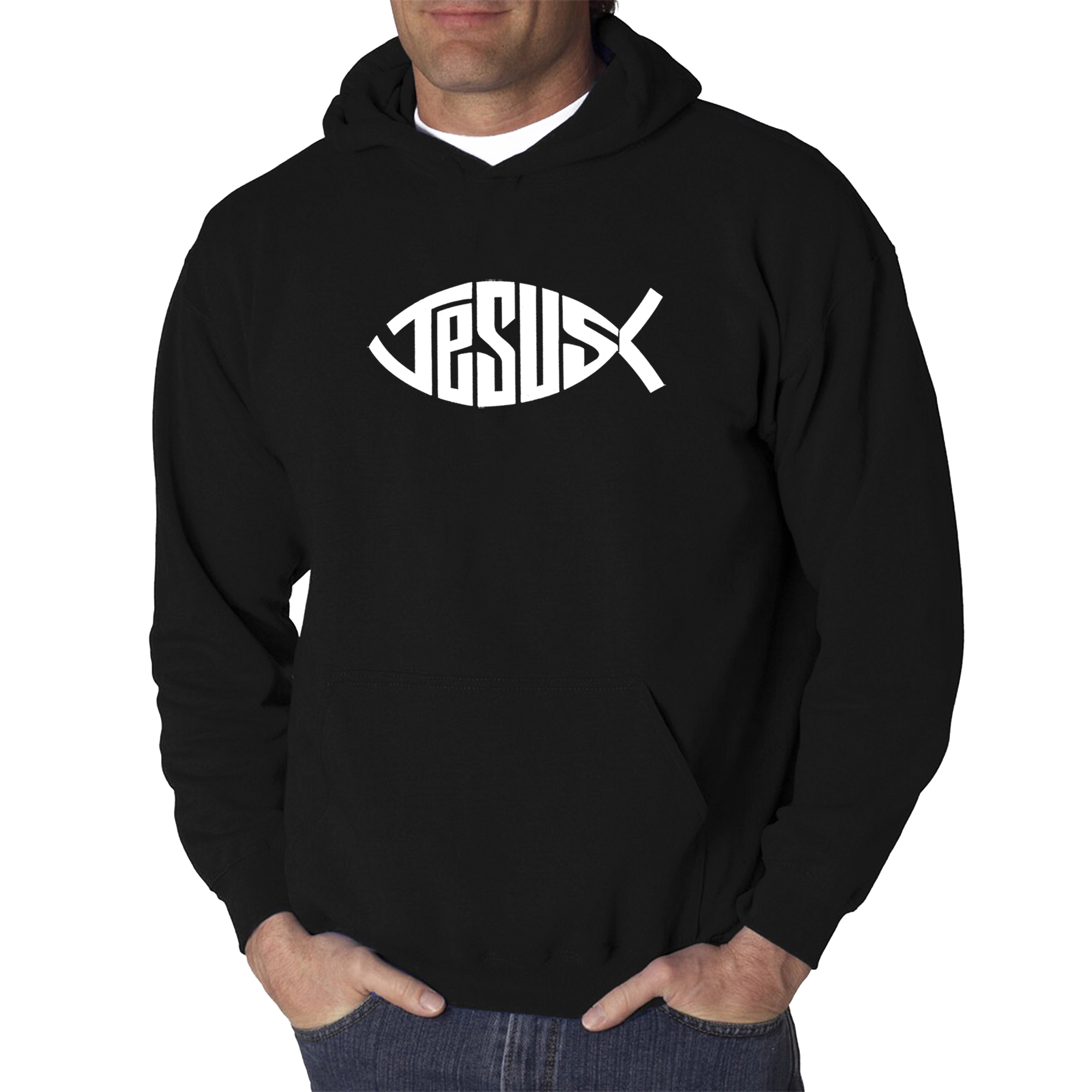 LA Pop Art Christian Jesus Name Fish Symbol - Men's Word Hooded Sweatshirt