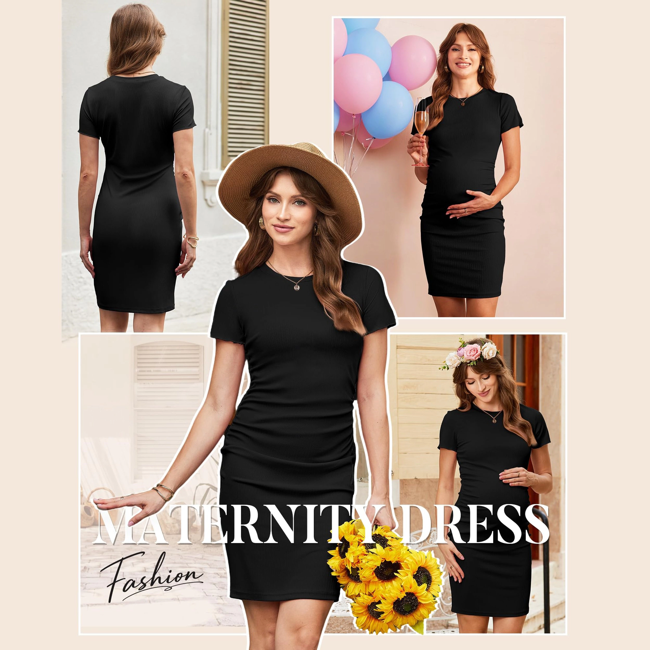 Ekouaer Women's Ribbed Short Sleeve Crew Neck Maternity Midi Dress