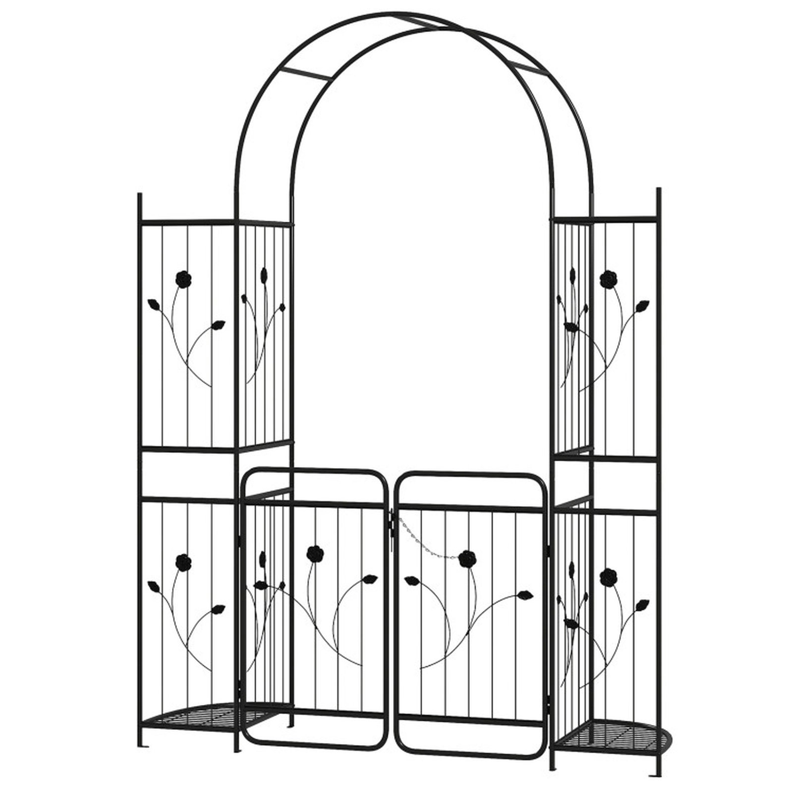 SUGIFT Black Metal Garden Arch with Lockable Gate 2 Planter Shelves and 6 Ground Stakes 64-in W 20-in D 87-in H