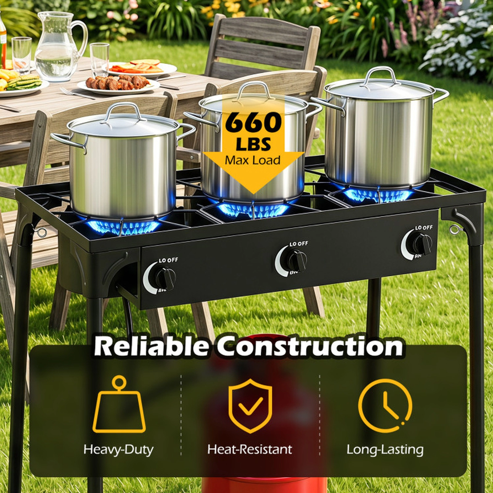 SUGIFT 3-Burner Black Propane Camp Stove with Adjustable Regulator and Hose 240000-BTU 34.5-in W 18-in D 29-in H