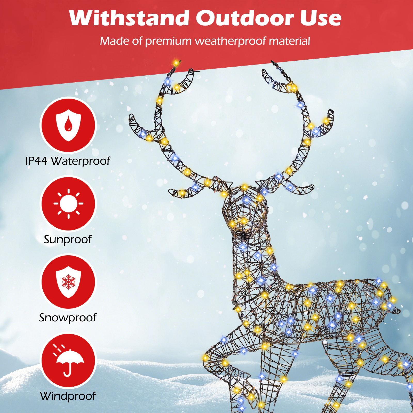 SUGIFT Brown 4.6-ft Pre-Lit PE Rattan Christmas Reindeer Deer with 170 Cold and Warm LED Lights