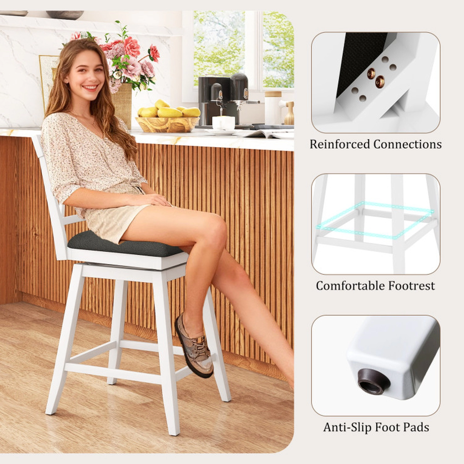 SUGIFT X-Back and Padded Cushion Set of 4 White 24 in Swivel Counter Height Bar Stools