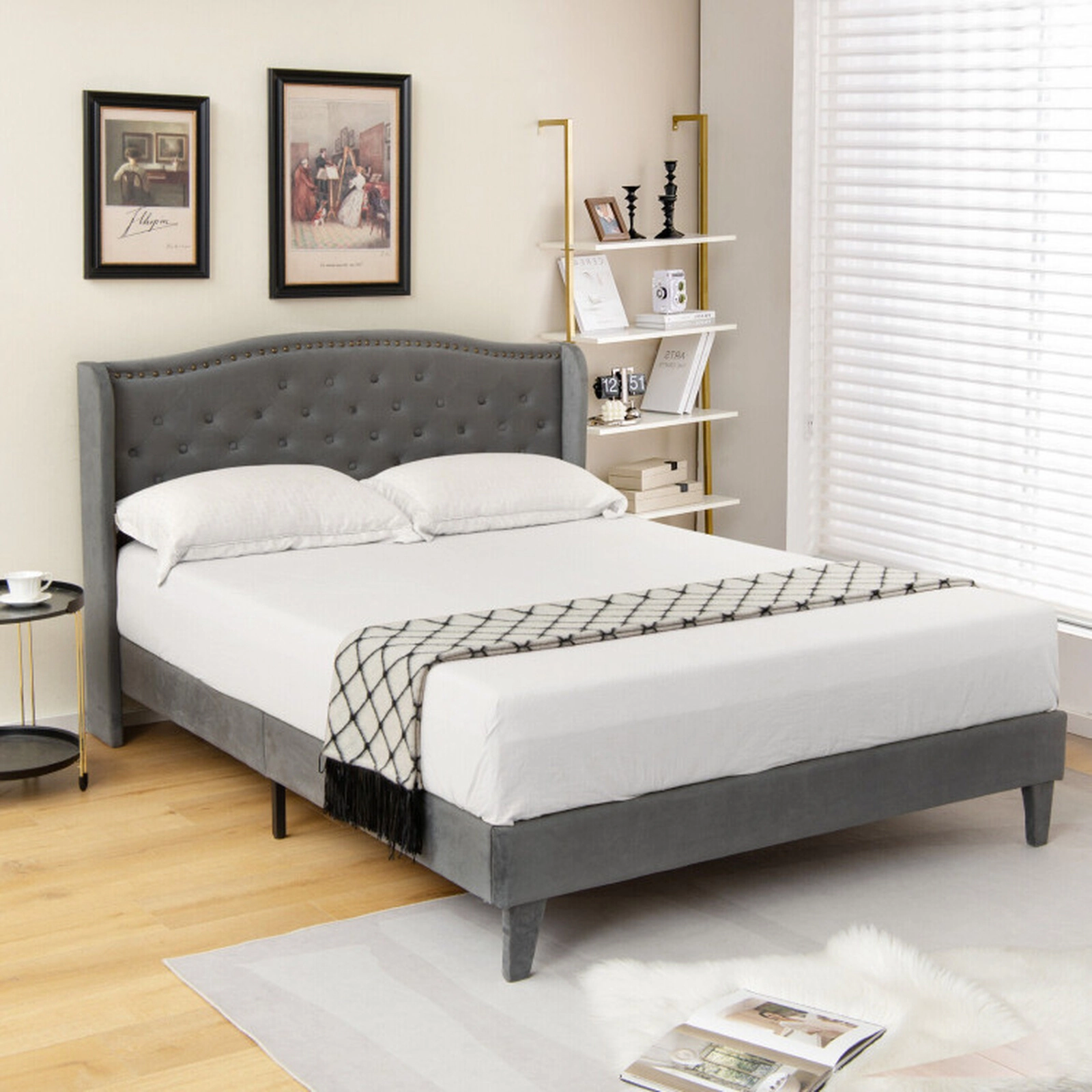 SUGIFT Full/Queen Upholstered Platform Bed Frame with Button Tufted 44-in Headboard 1000-lb Capacity Gray