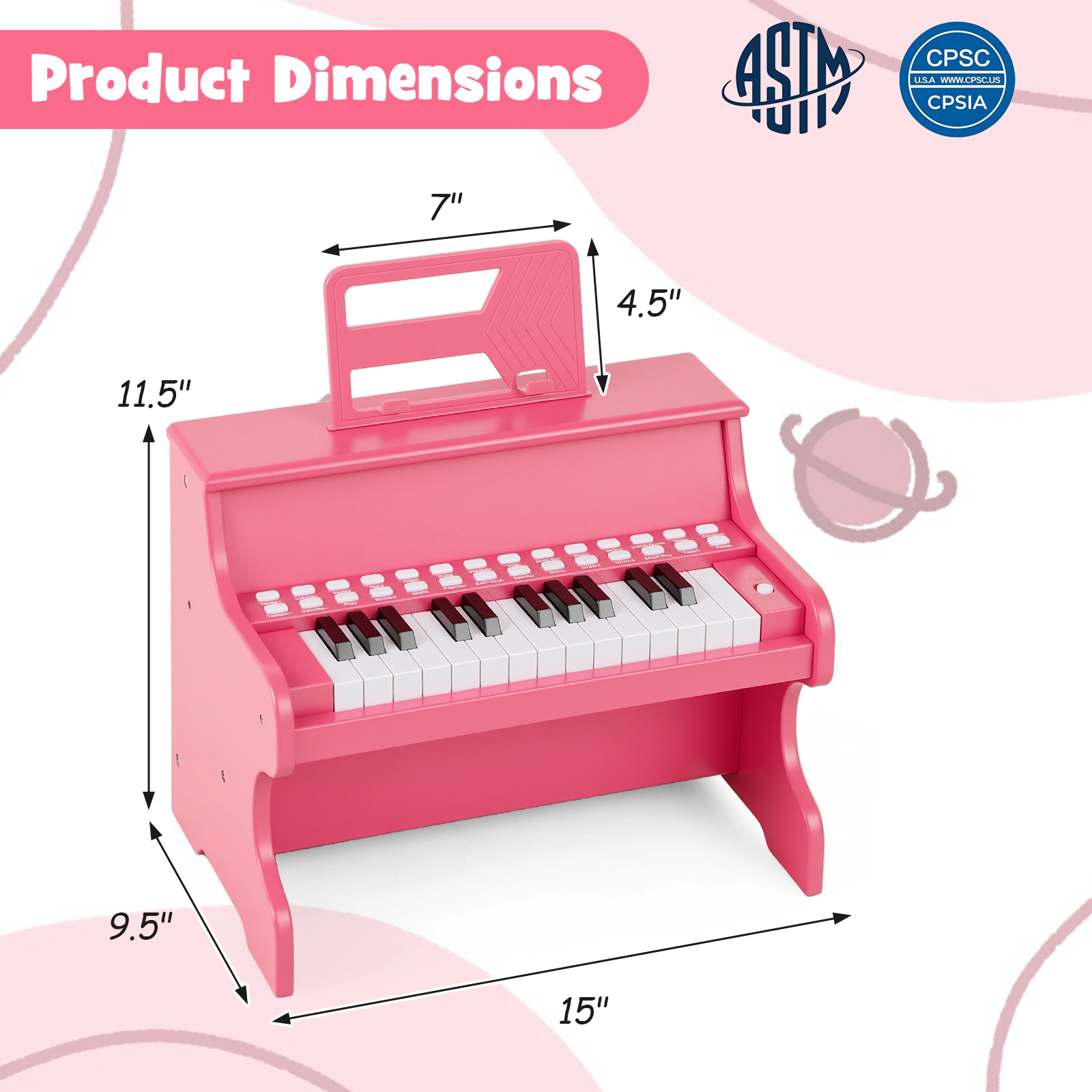 SUGIFT 25-Key Kids Piano Keyboard with Adjustable Volume and Speed Teaching Mode 15-in Wide Ages 3+ Pink