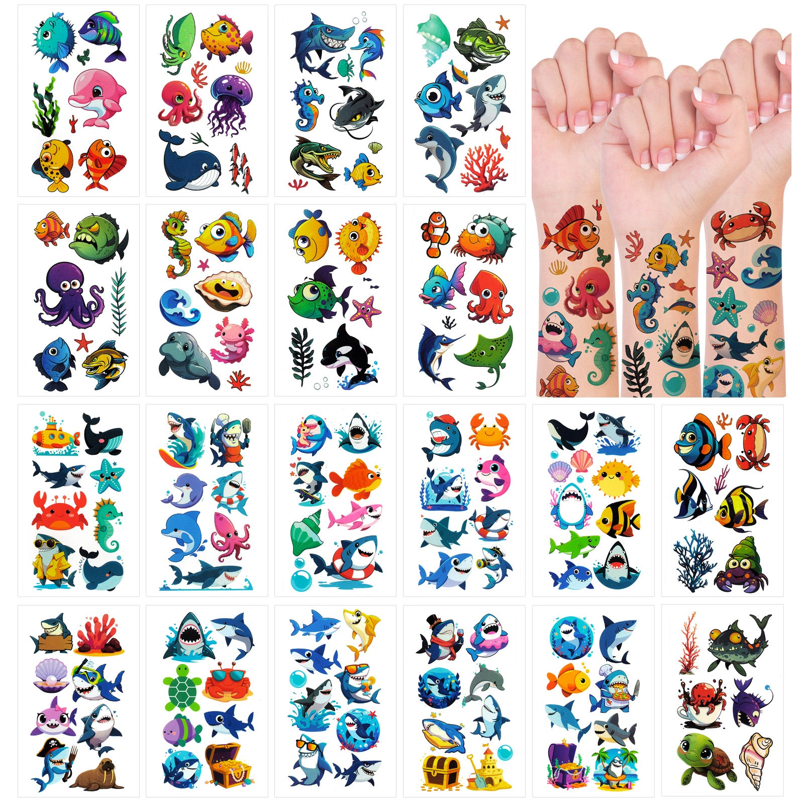 Wrapables Waterproof Temporary Tattoos for Children, 20 Sheets, Sharks and Sea Animals