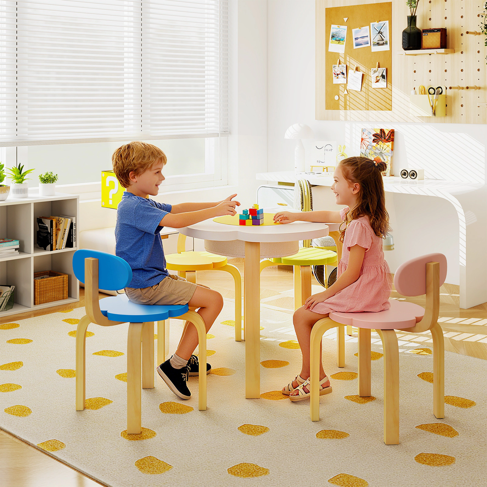 SUGIFT Flower-Shaped Wooden Children Play & Activity Table Set with 2 Chairs & 2 Stools 176-lb Tabletop Capacity Ages 3+
