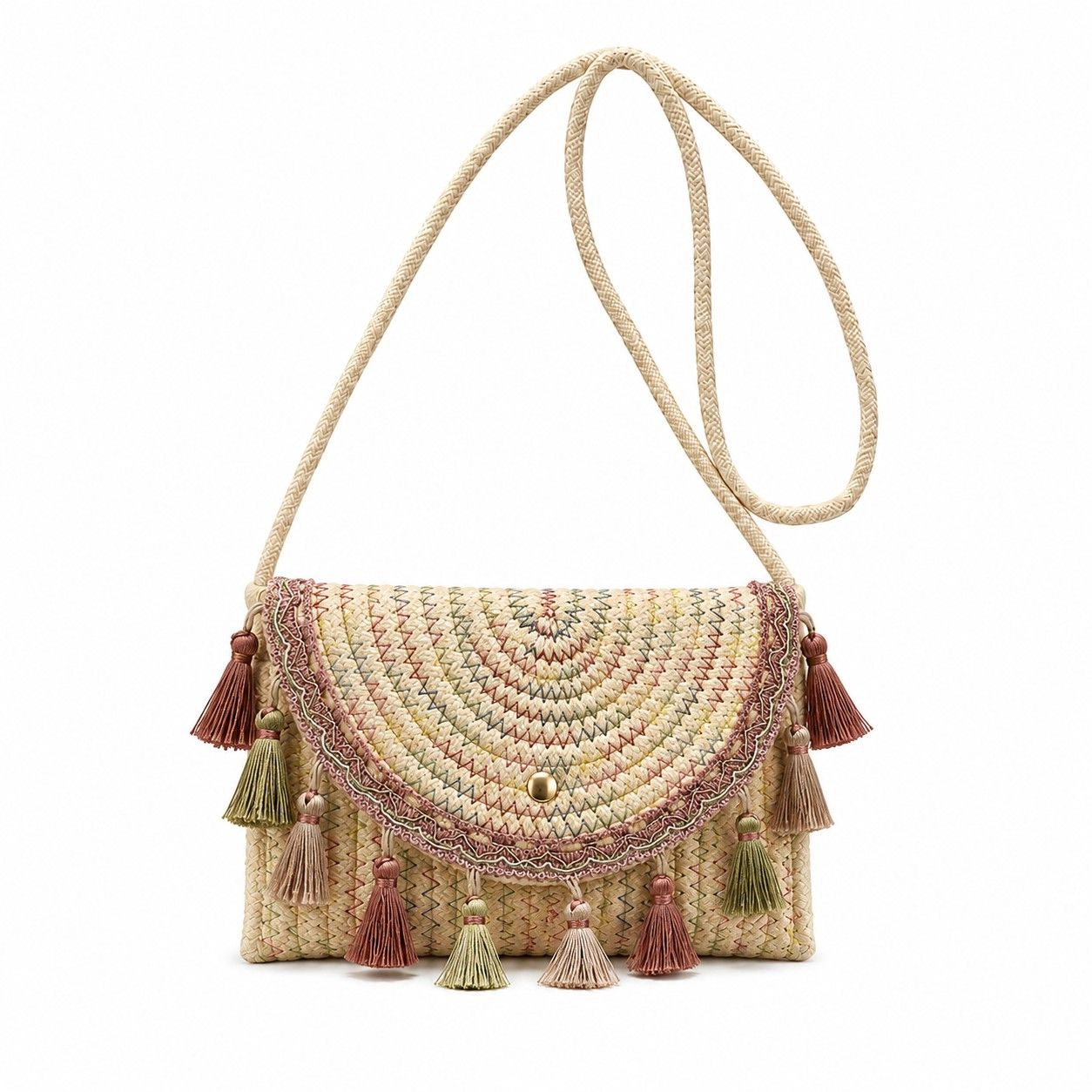 Alilang Women's Boho Woven Fabric Crossbody Bag with Tassel Trim and Magnetic Closure, Beige