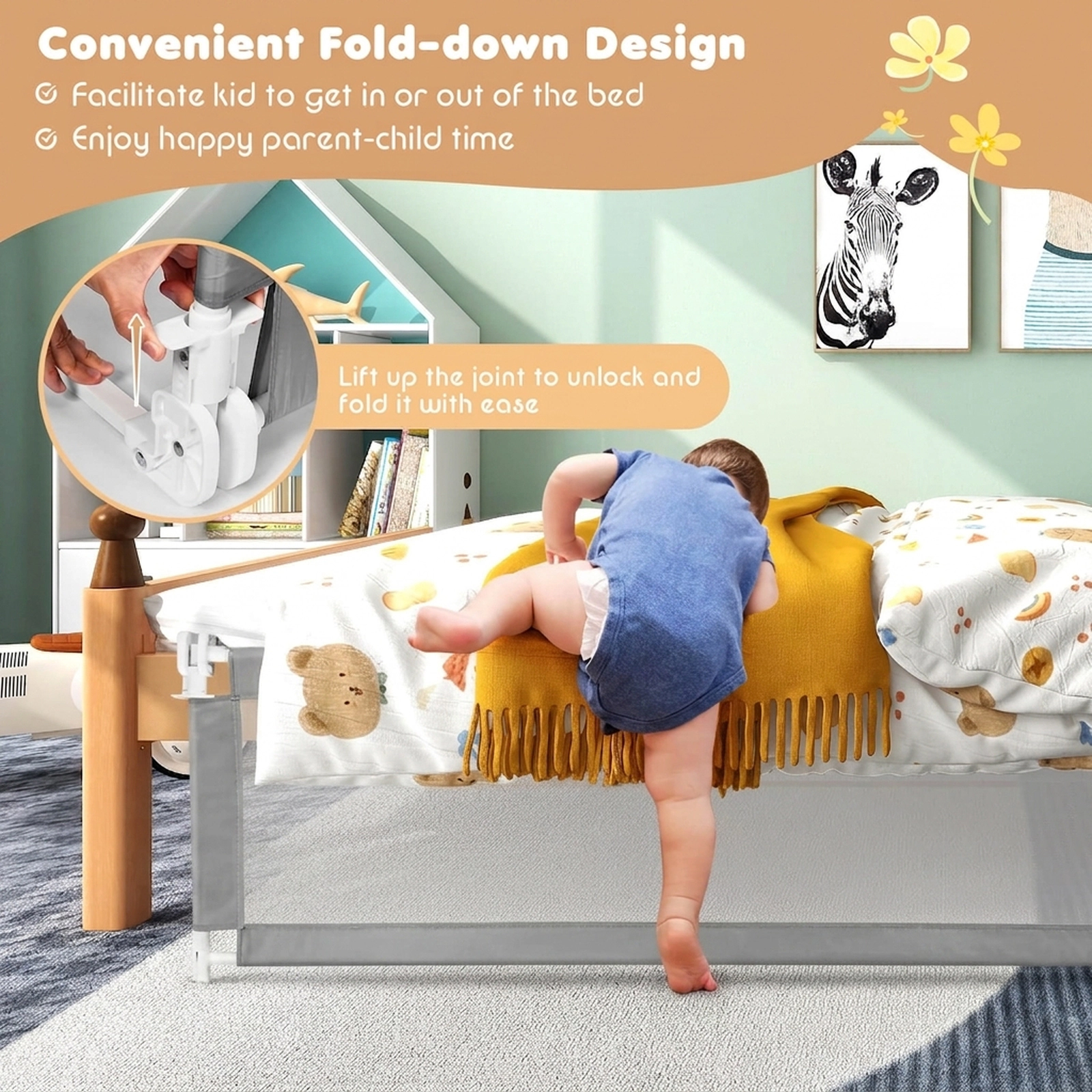 SUGIFT 59-in Folding Breathable Baby Bed Rail Guard with Safety Strap 59 x 16 x 21.5 in Ages 2+ Gray Beige Blue Pink