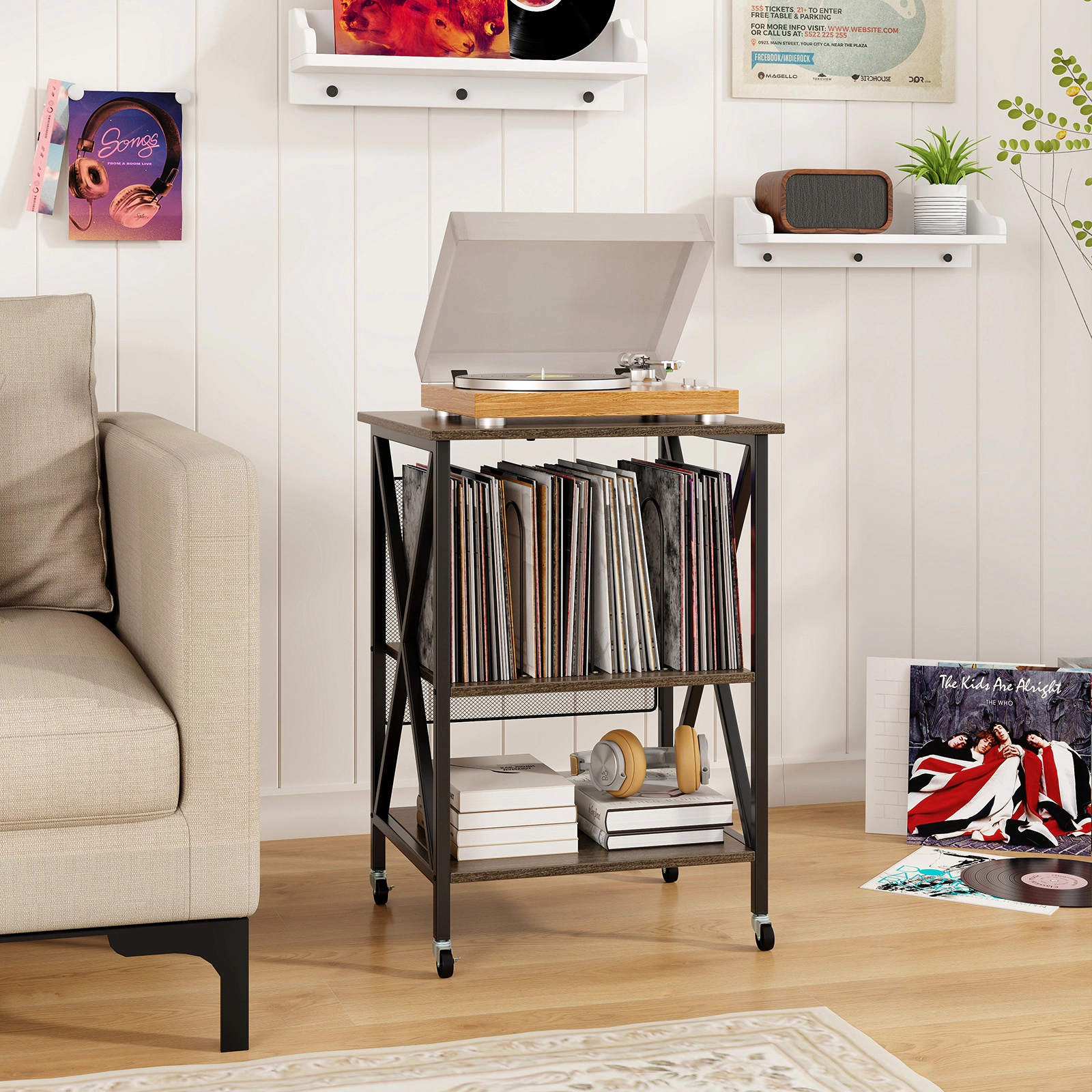 SUGIFT Mid-Century Record Player Stand Accent Table Built-in Charging Station 110-lb Top Capacity Rustic Brown Gray Oak