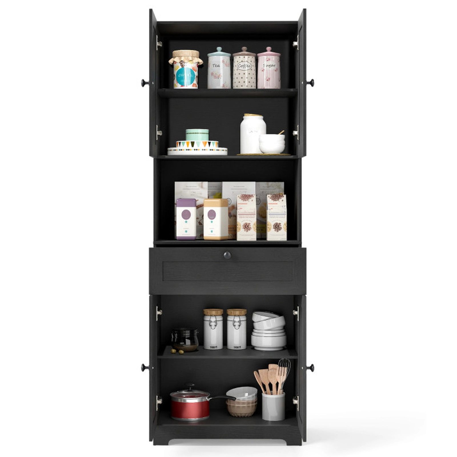 SUGIFT Tall Freestanding Floor Storage Cabinet with 4 Doors 1 Drawer 243-lb Capacity Black