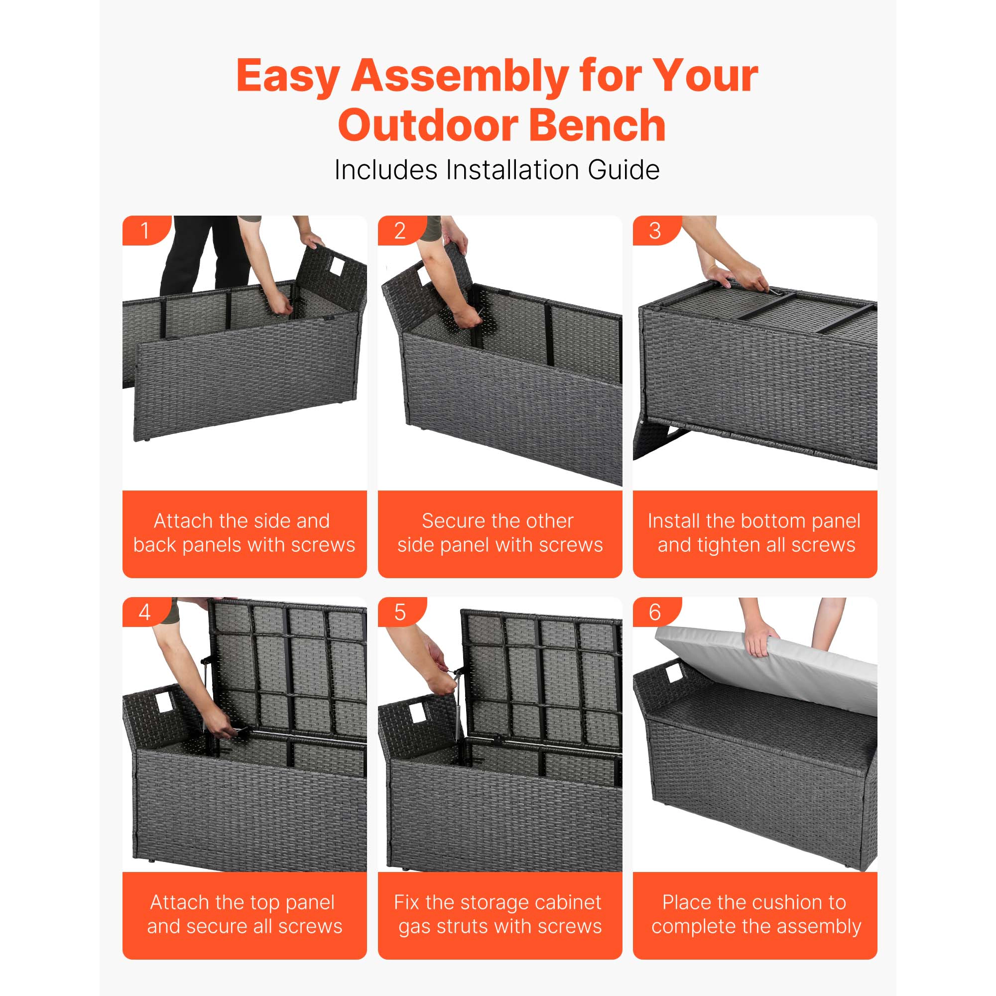 HONGGE Outdoor Storage Bench 2-Person PE Rattan Storage Bench Deck Box with Cushion Supports Weatherproof Outdoor