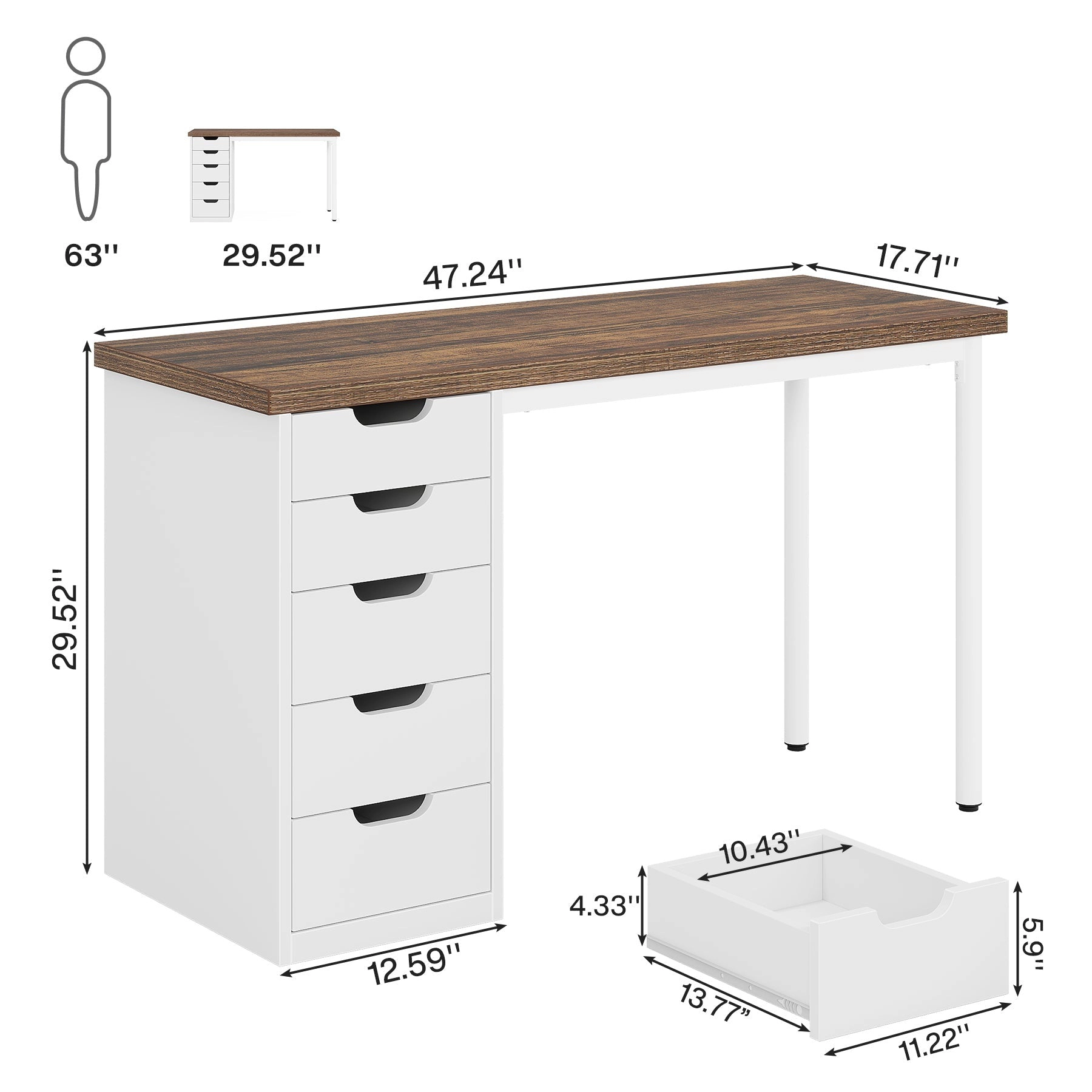 Tribesigns 47" Computer Desk with 5 Drawers, Modern Study Table Writing Desk
