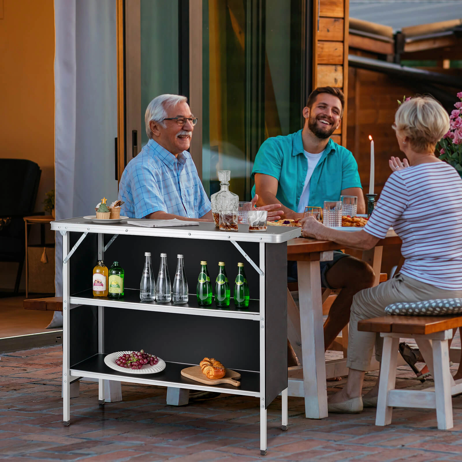 LJG Folding Camping Table with 2-Tier Open Shelves for Outdoor BBQ