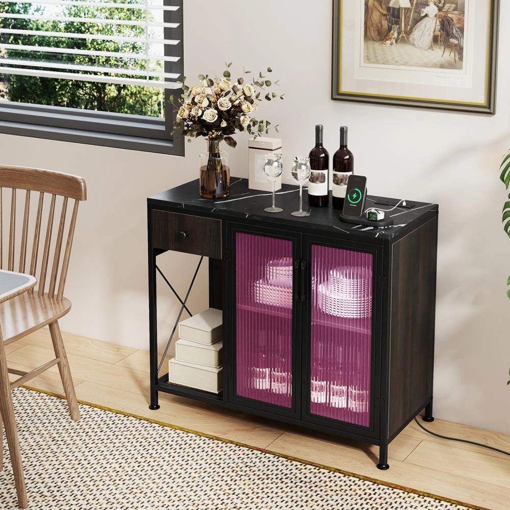 Hivvago Buffet Sideboard With Doors Power Outlets And Led Light