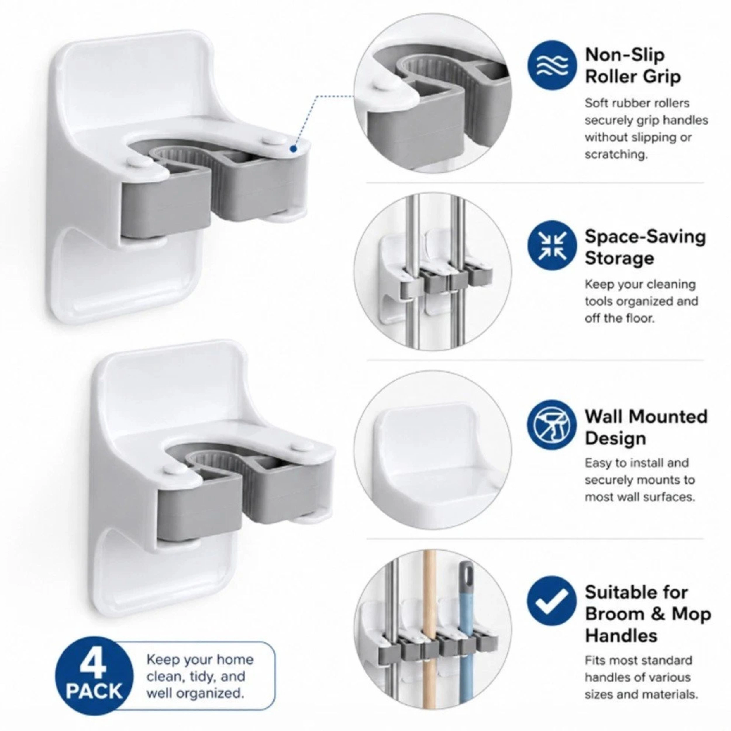 Home Collection Pack of 4 Self-Adhesive Broom Mop Holder Wall Mount Gripper Rack