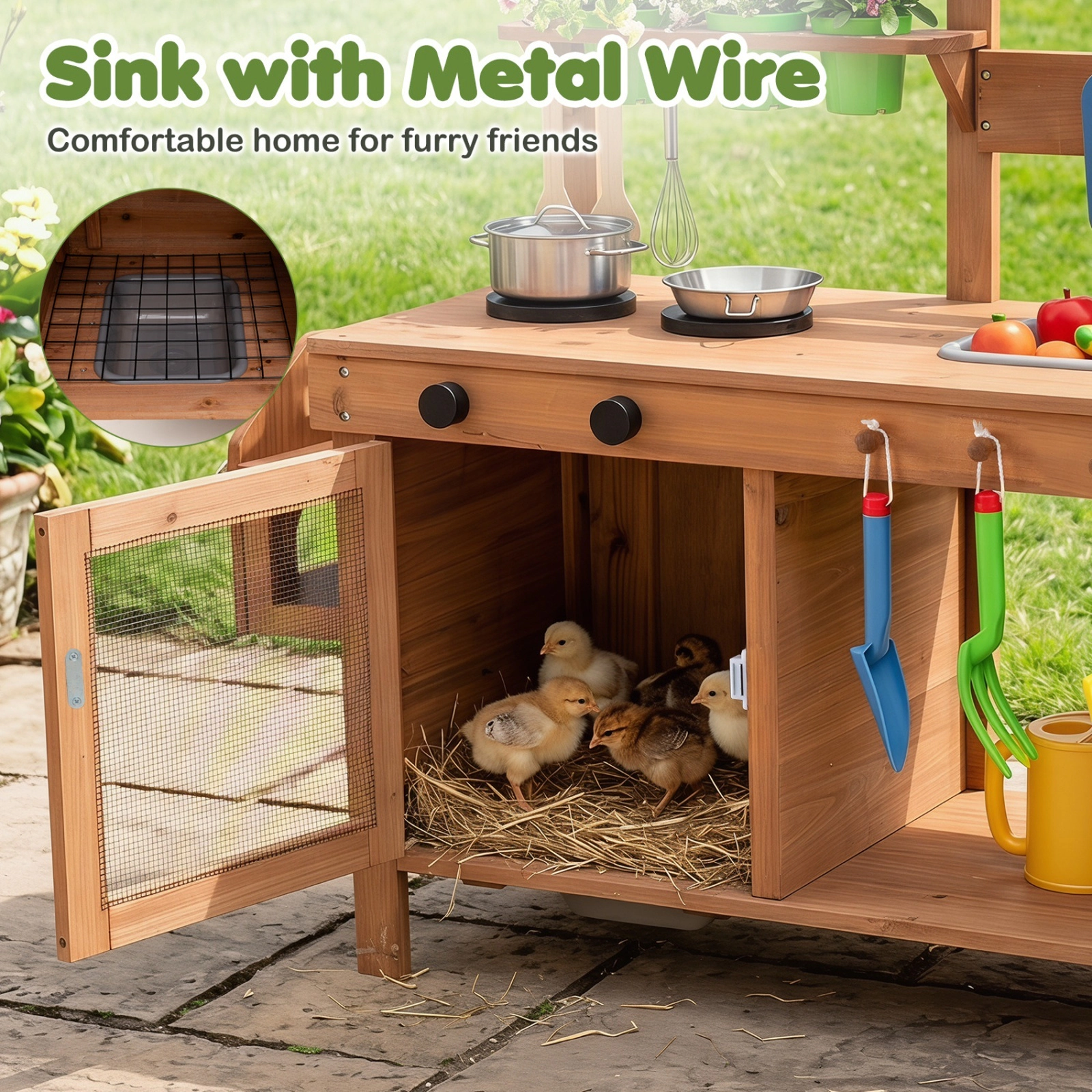Outdoor Mud Kitchen for Kids with Planter Box Birdcage Chalkboard and Working Faucet 44-in x 16-in x 40-in Fir Wood