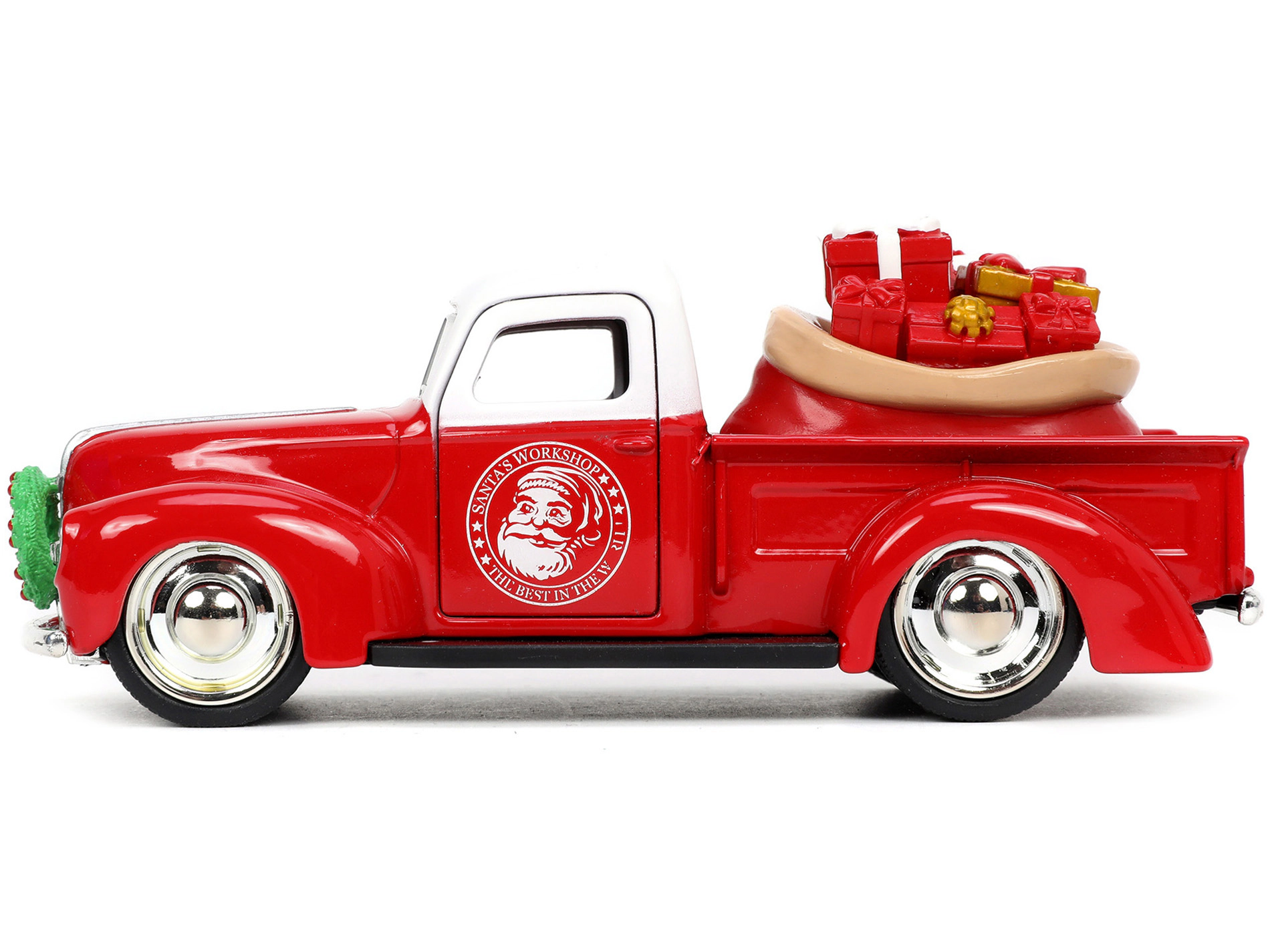 Jada 1941 Ford Pickup Truck Red And White "Santa'S Workshop" And 1957 Chevrolet Bel Air Red Metallic And White