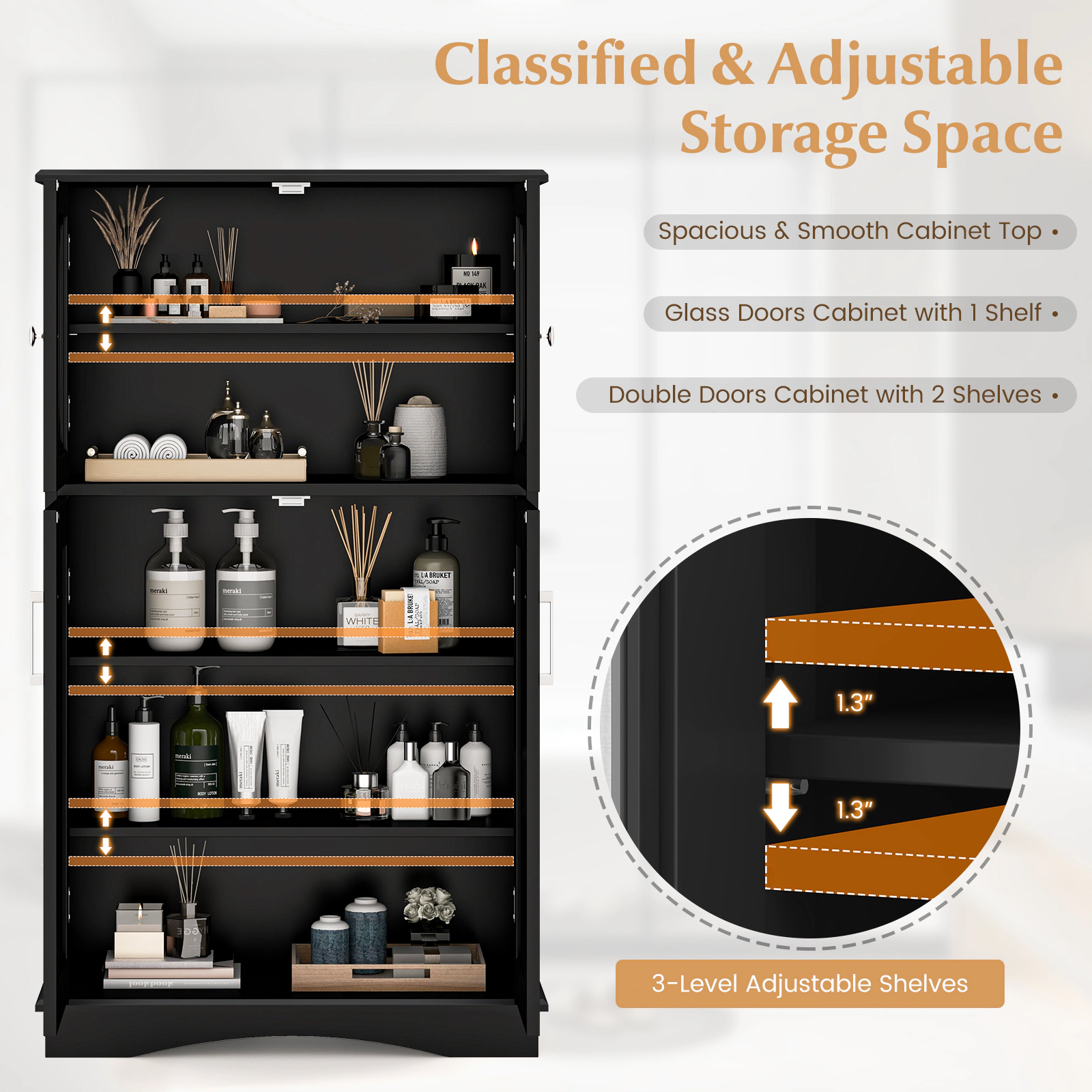 Glintex 4-Door Freestanding Bathroom Cabinet with Glass Doors and 3 Adjustable Shelves