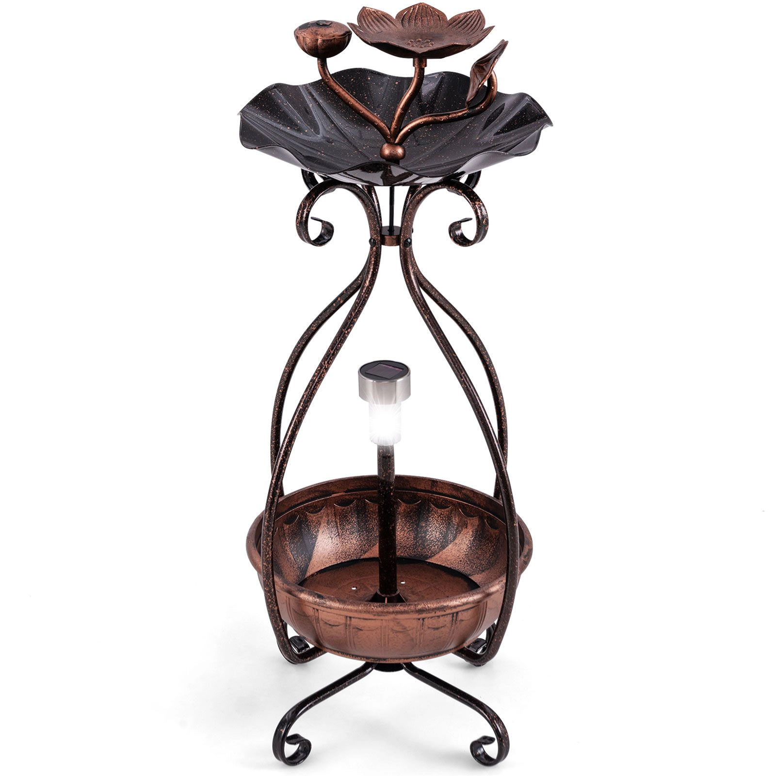 SlickBlue Standing Metal Birdbath with Solar Lights and Lotus Leaf Bowl