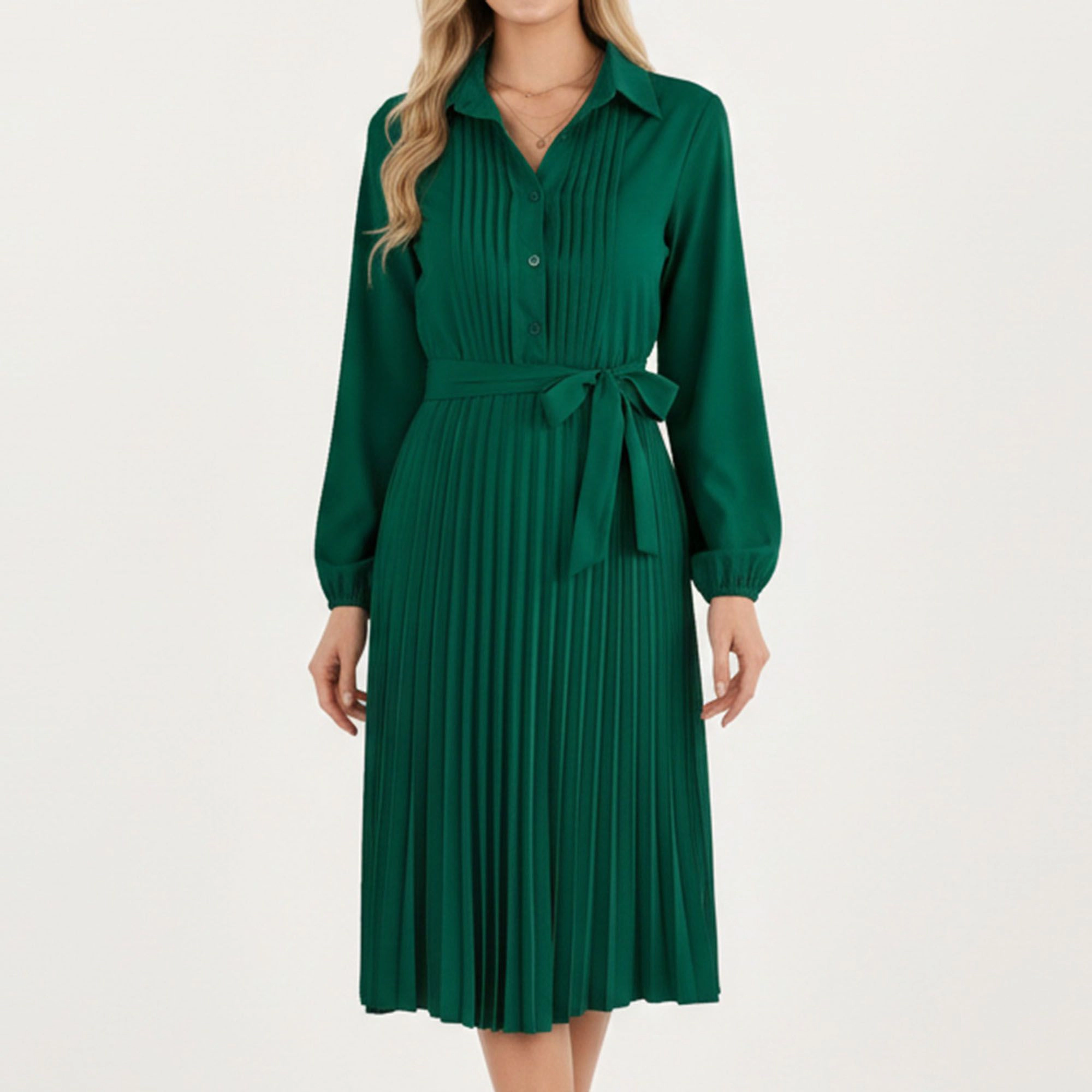 Anna-Kaci Women's Pleated Button Down Front Long Sleeve Waist Tie Midi Dress