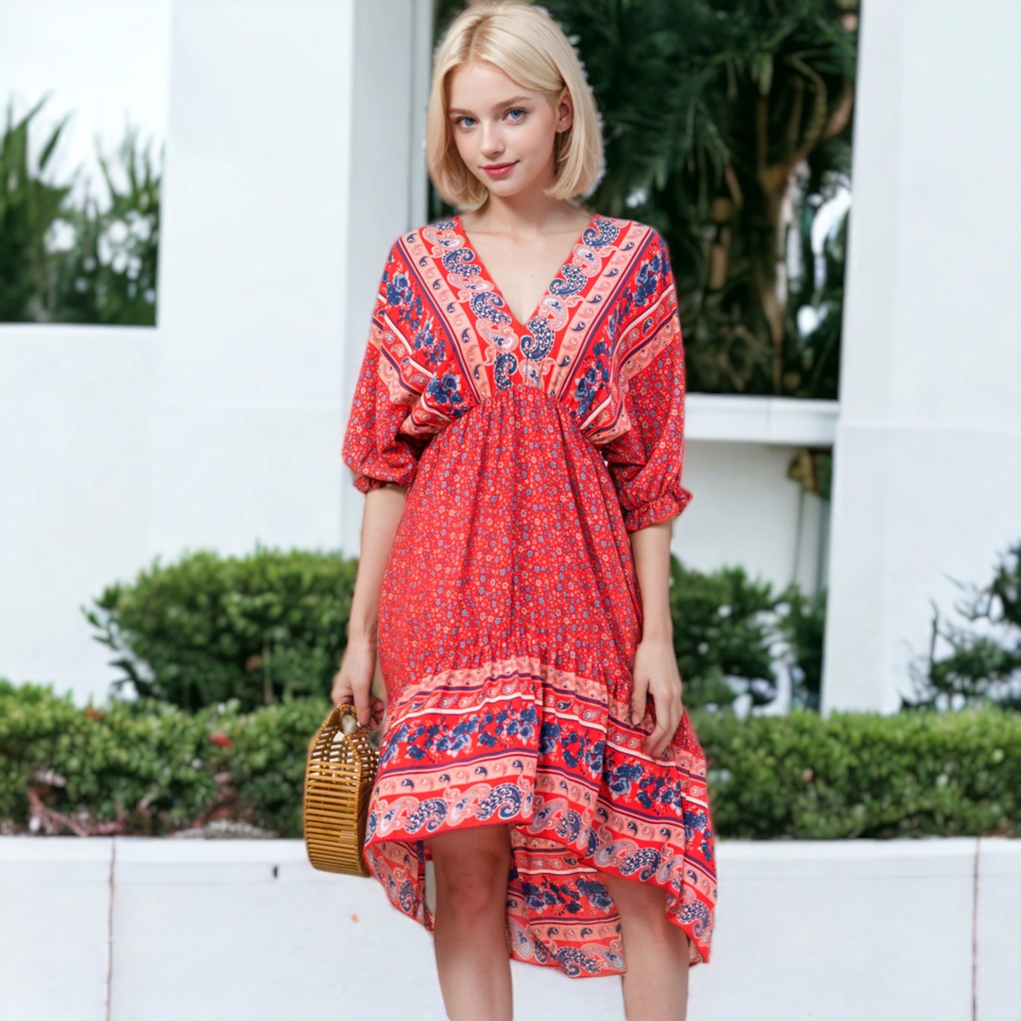 Anna-Kaci Women's Mixed Print Asymmetrical Hem Dress
