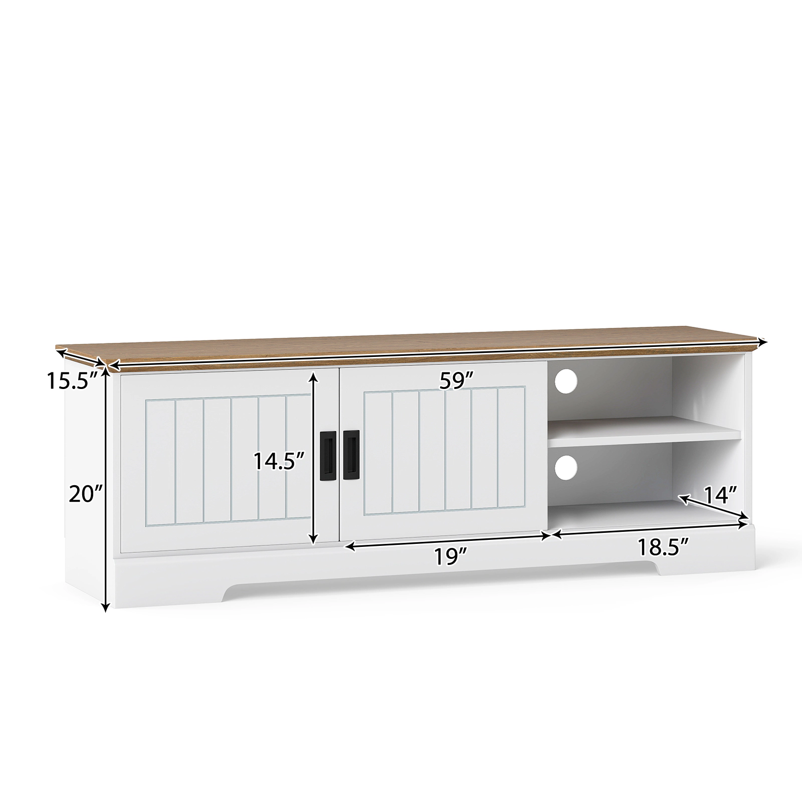 Glintex 59-Inch Farmhouse TV Stand with Sliding Doors and 6 Cable Holes, White & Oak