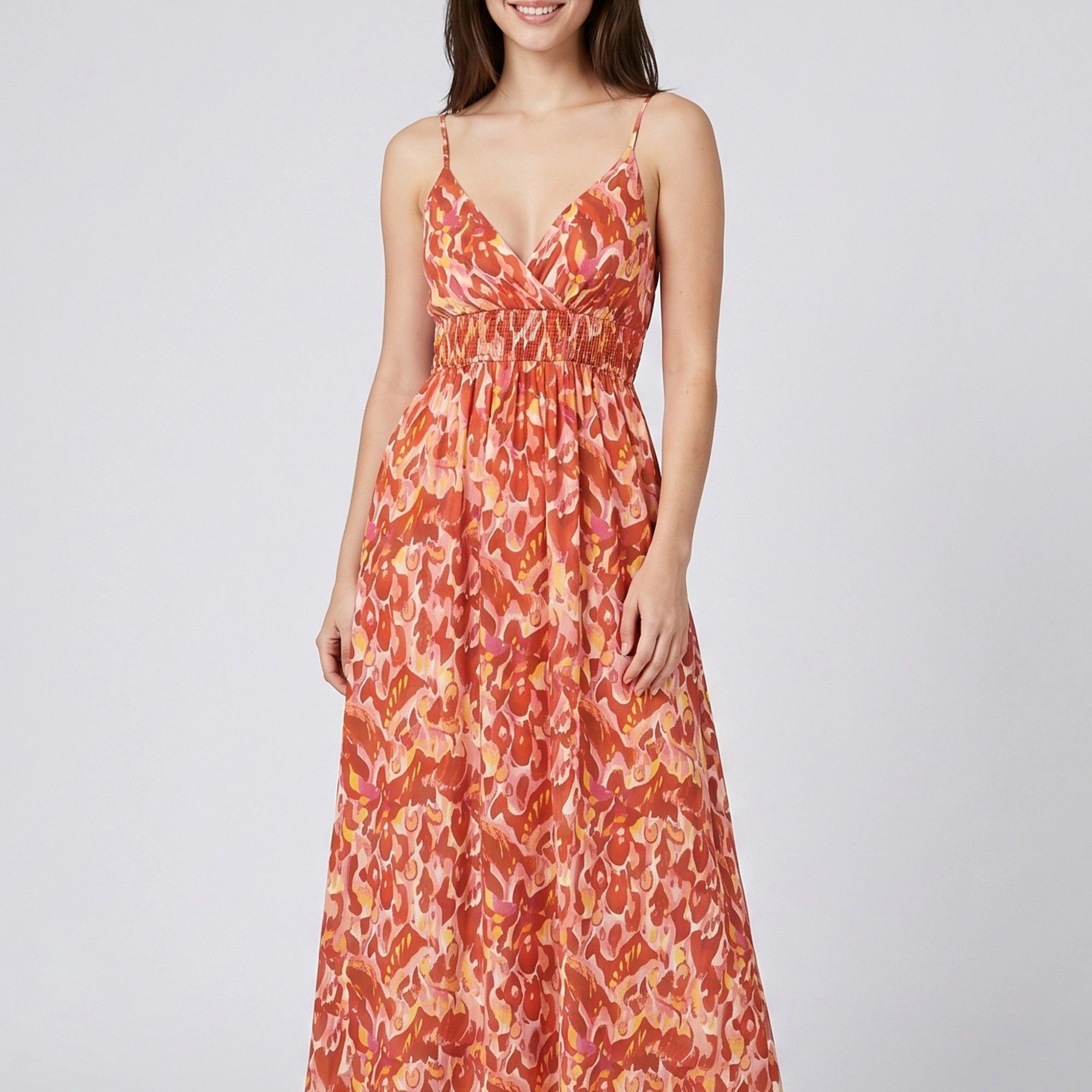 Anna-Kaci Women's Abstract Floral Print Smocked Waist Spaghetti Strap V-Neck Surplice Bodice Maxi Dress