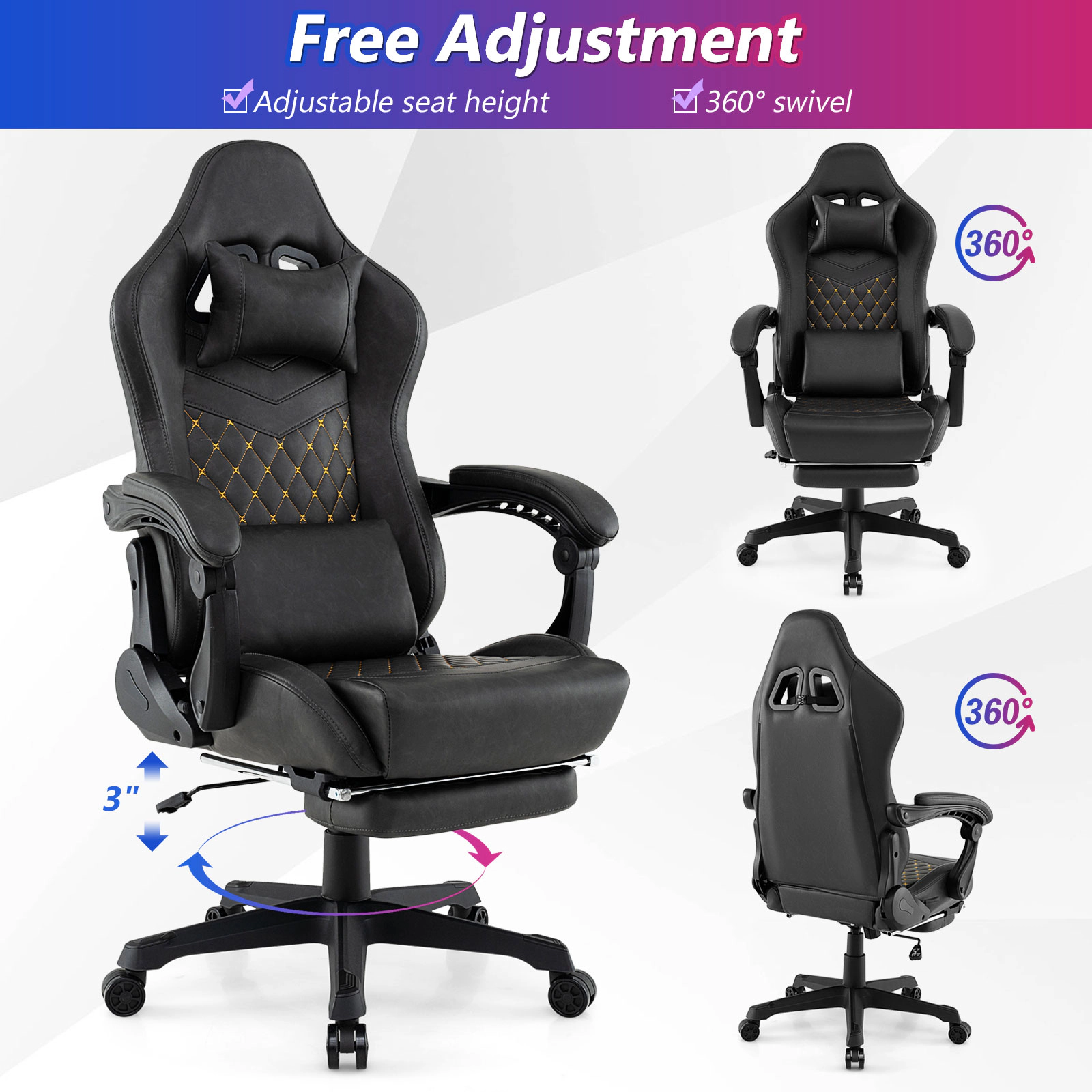 SUGIFT High Back Headrest Lumbar Pillow Reclining Video Game Computer Chair 27.5-in x 27.5-in x 49-in 330-lb Black