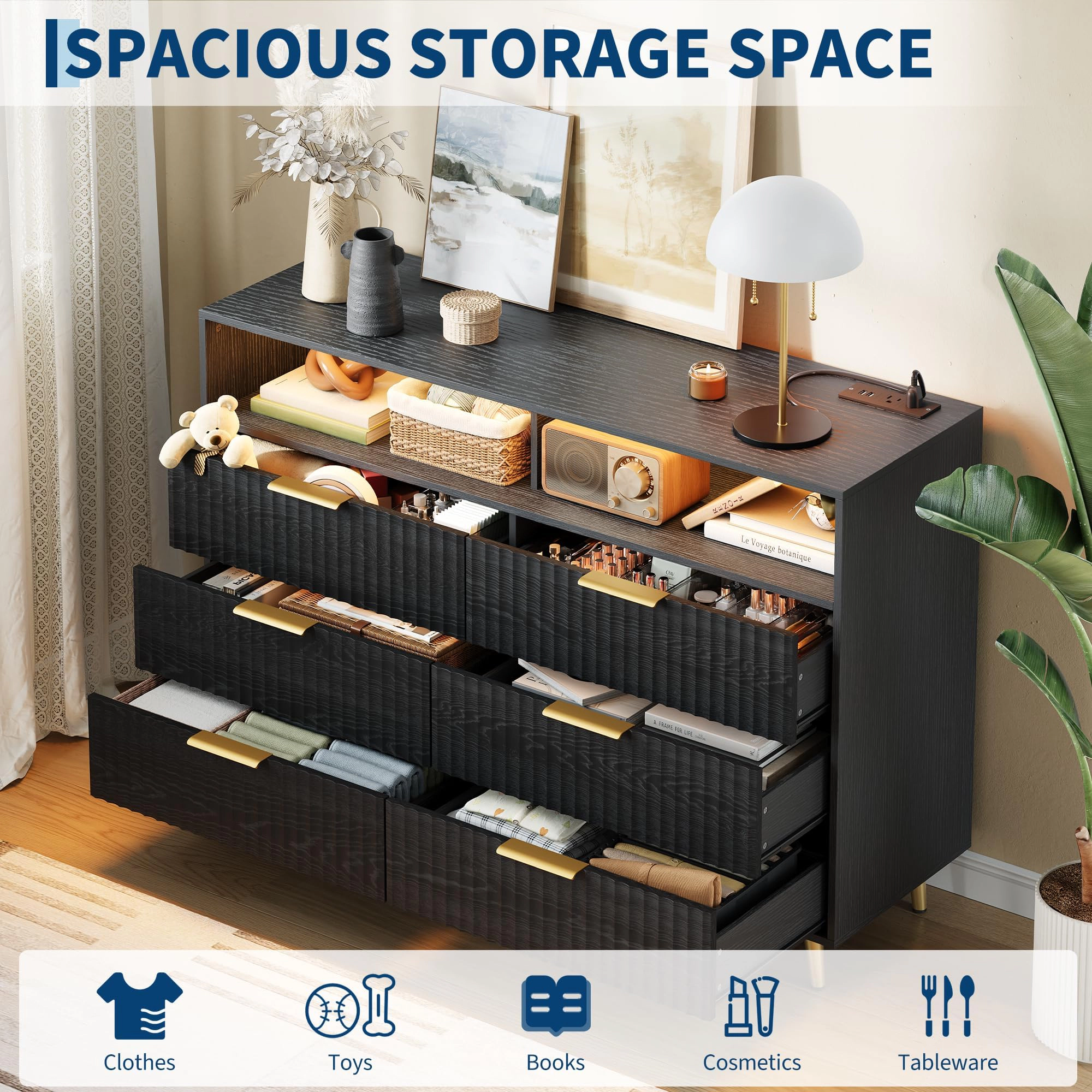 6 Drawer Fluted Dresser with Charging Station and RGB LED Lights, Storage Chest Open Shelf Gold-Tone Handles