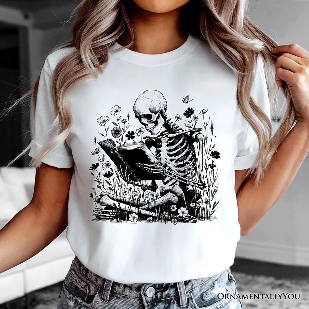 OrnamentallyYou Womens Gothic Reading Skeleton Halloween T-Shirt