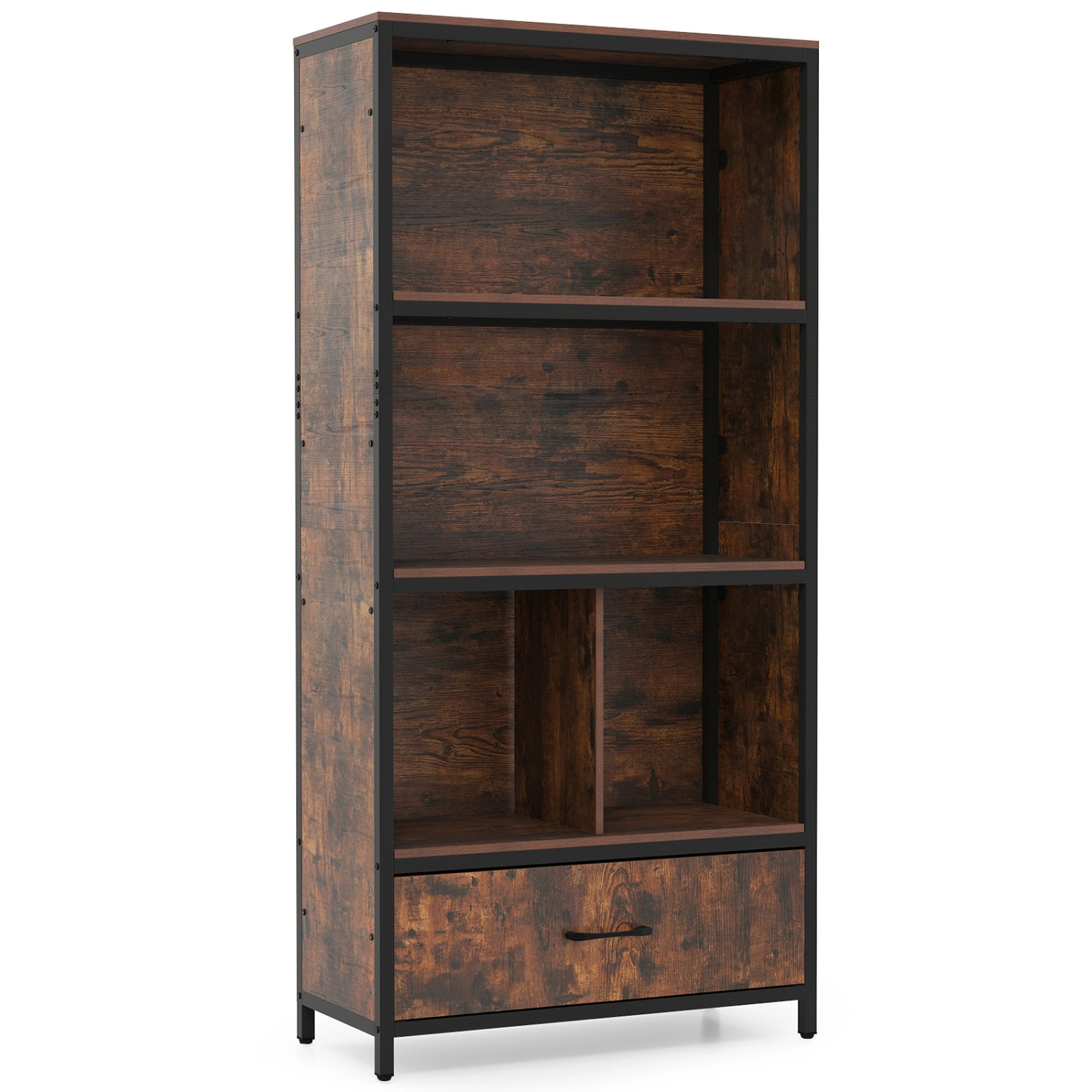 SUGIFT Rustic Brown Removable Fabric Drawer 56 in Freestanding Bookcase