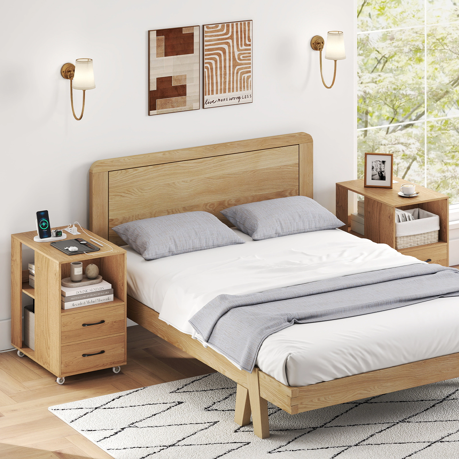 LJG End Table with Built-in Charging Station Sofa Side Bedside on Wheels