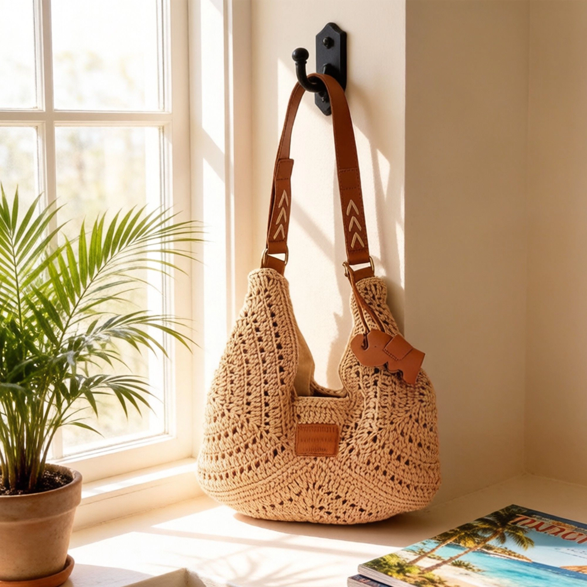 Alilang Women's Woven Crochet Shoulder Bag with Embroidered Strap Slouchy Hobo Handbag Lightweight Knit Tote