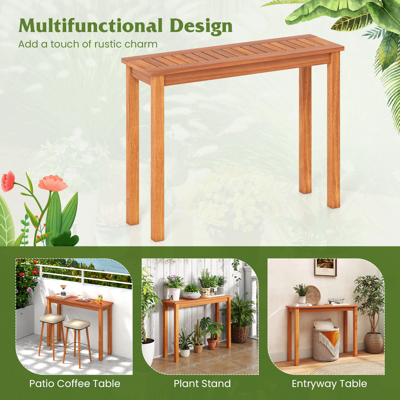 SUGIFT Slatted Top Wooden Plant Stand Bench 330-lb Capacity Brown Indoor Outdoor Flower Pot Holder Display Shelf