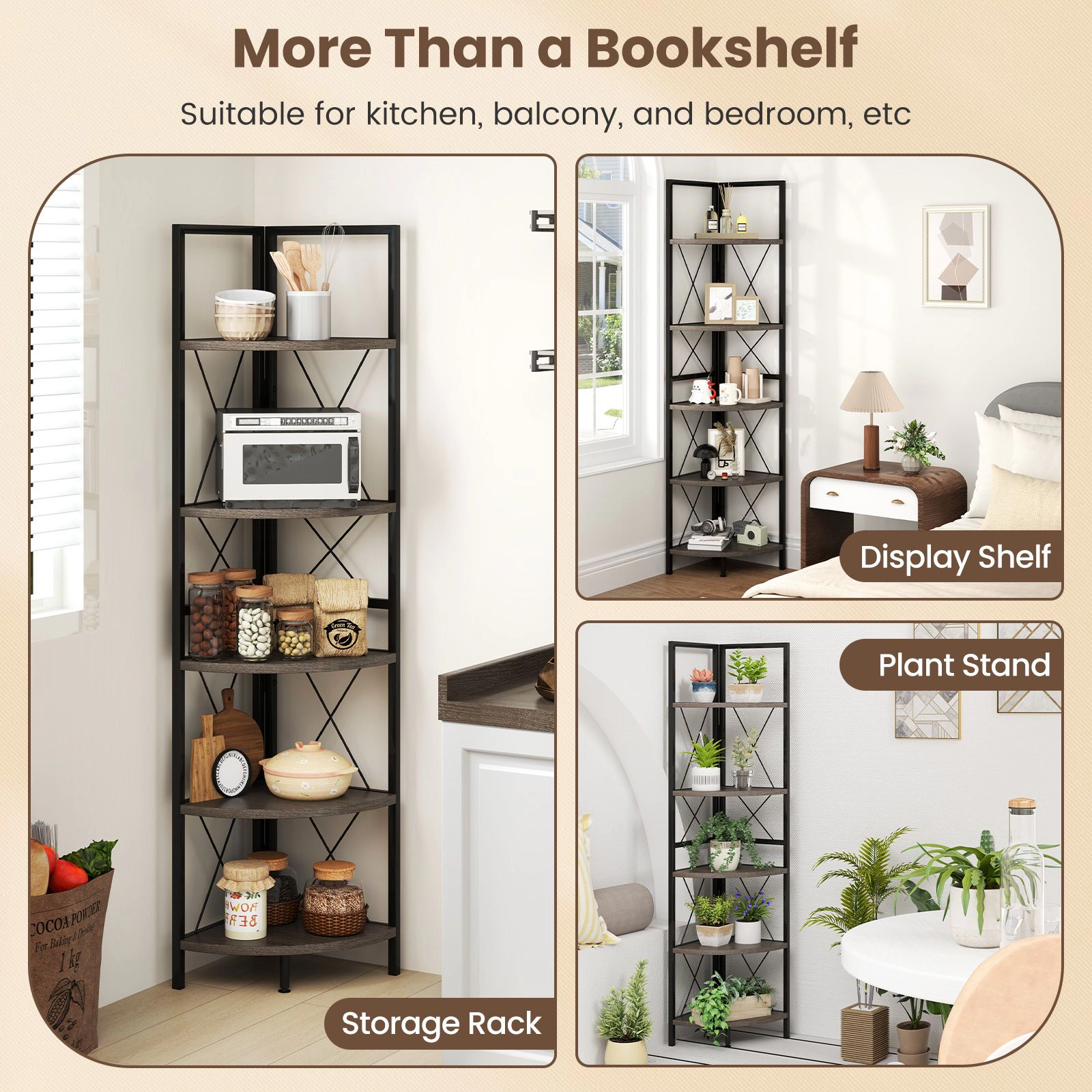 SlickBlue 5 Tier Corner Bookshelf with Metal Frame Storage