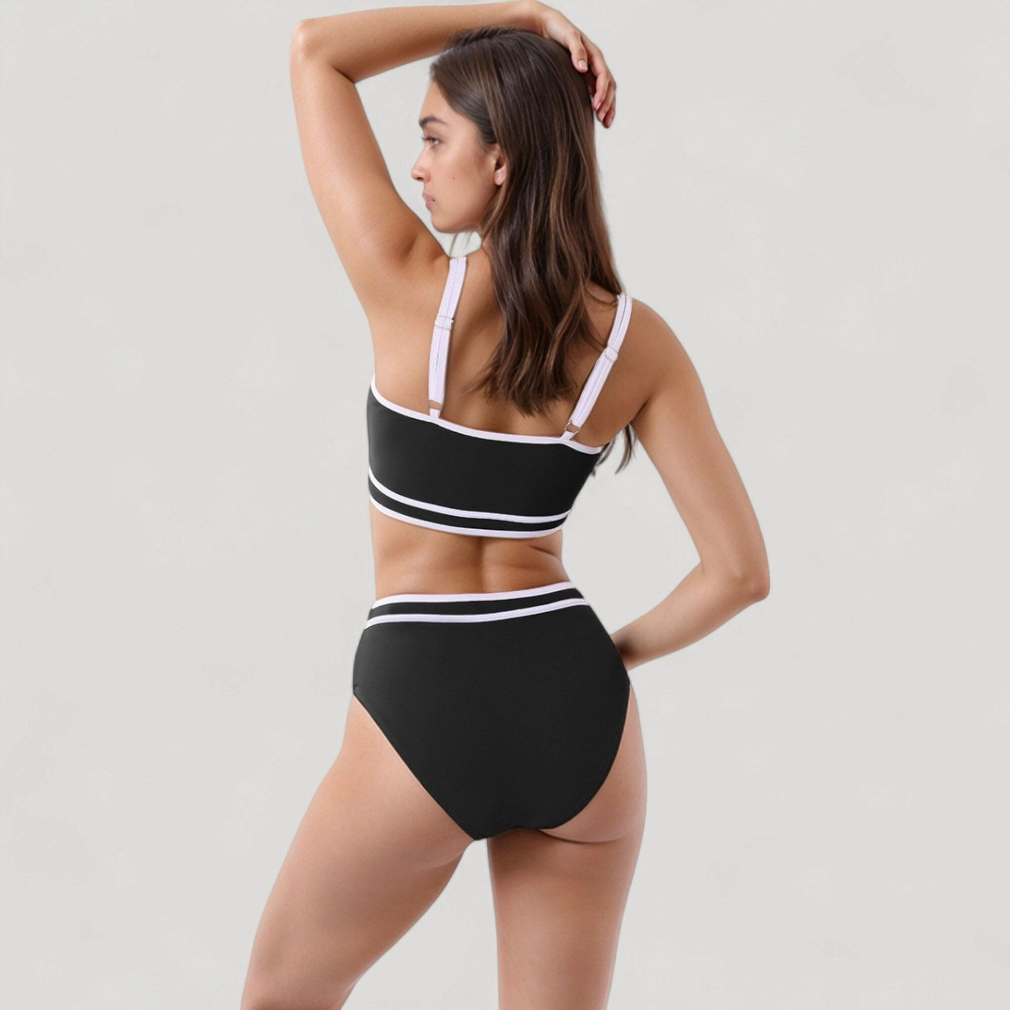 Anna-Kaci Sporty High-Waist Bikini Set, Scoop Neck Crop Top and High-Rise Bottoms