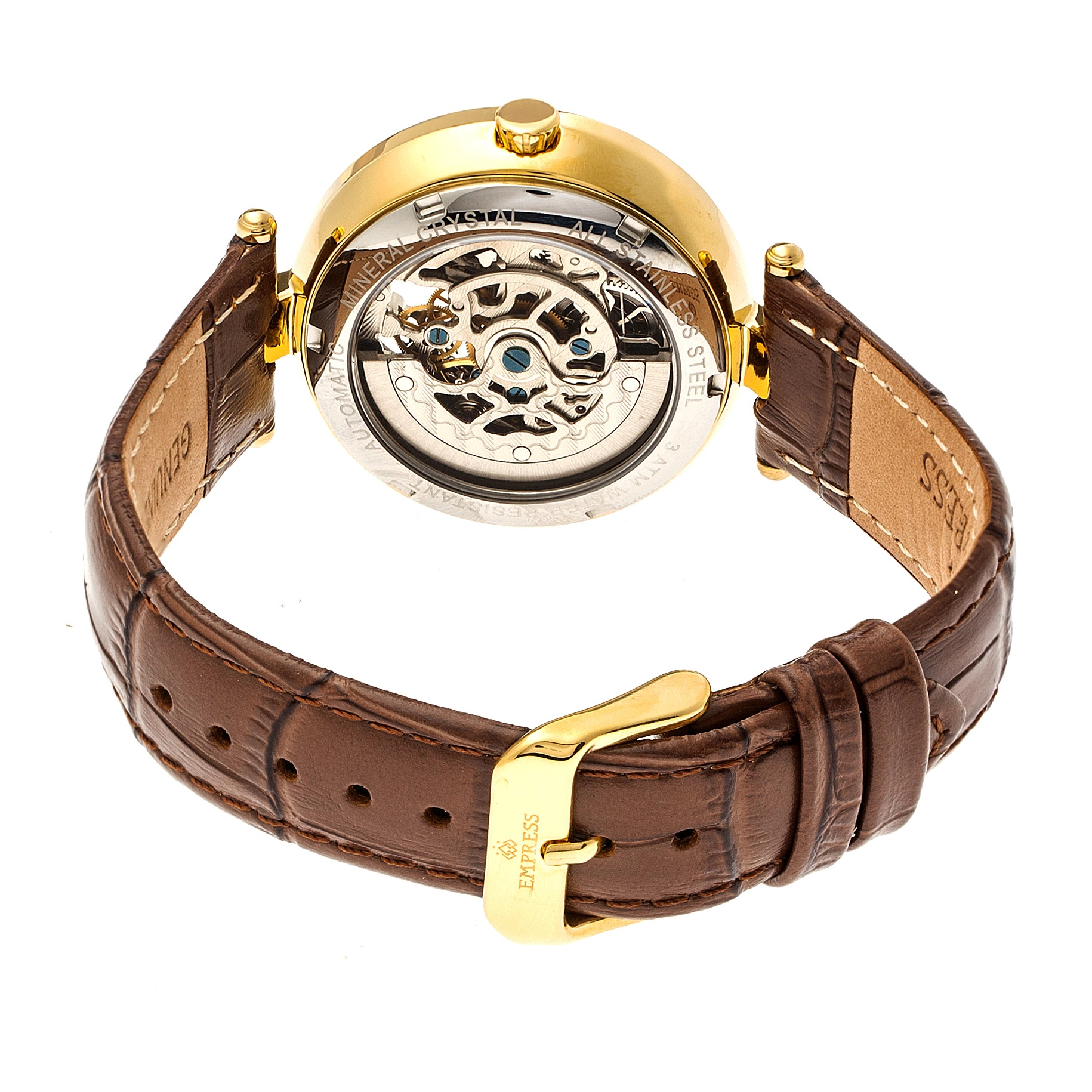 Empress Stella Automatic Semi-Skeleton MOP Leather-Band Watch