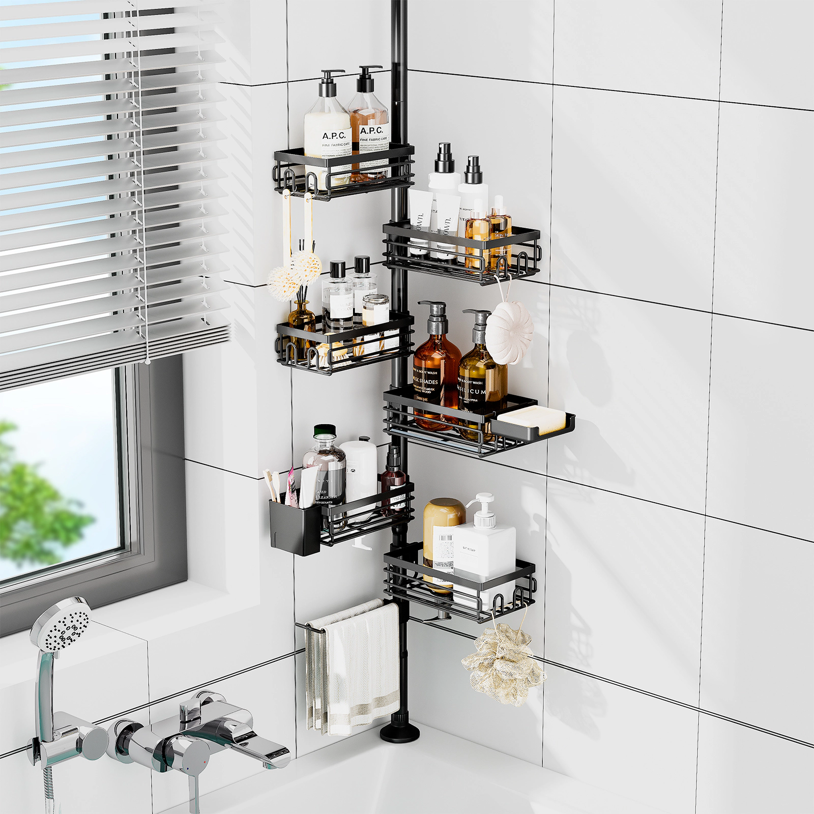 Utopia Alley 109-Inch Adjustable Tension Pole Shower Caddy Corner Organizer, 6‑Tier Shower Rack & No‑Drill, Matte Black