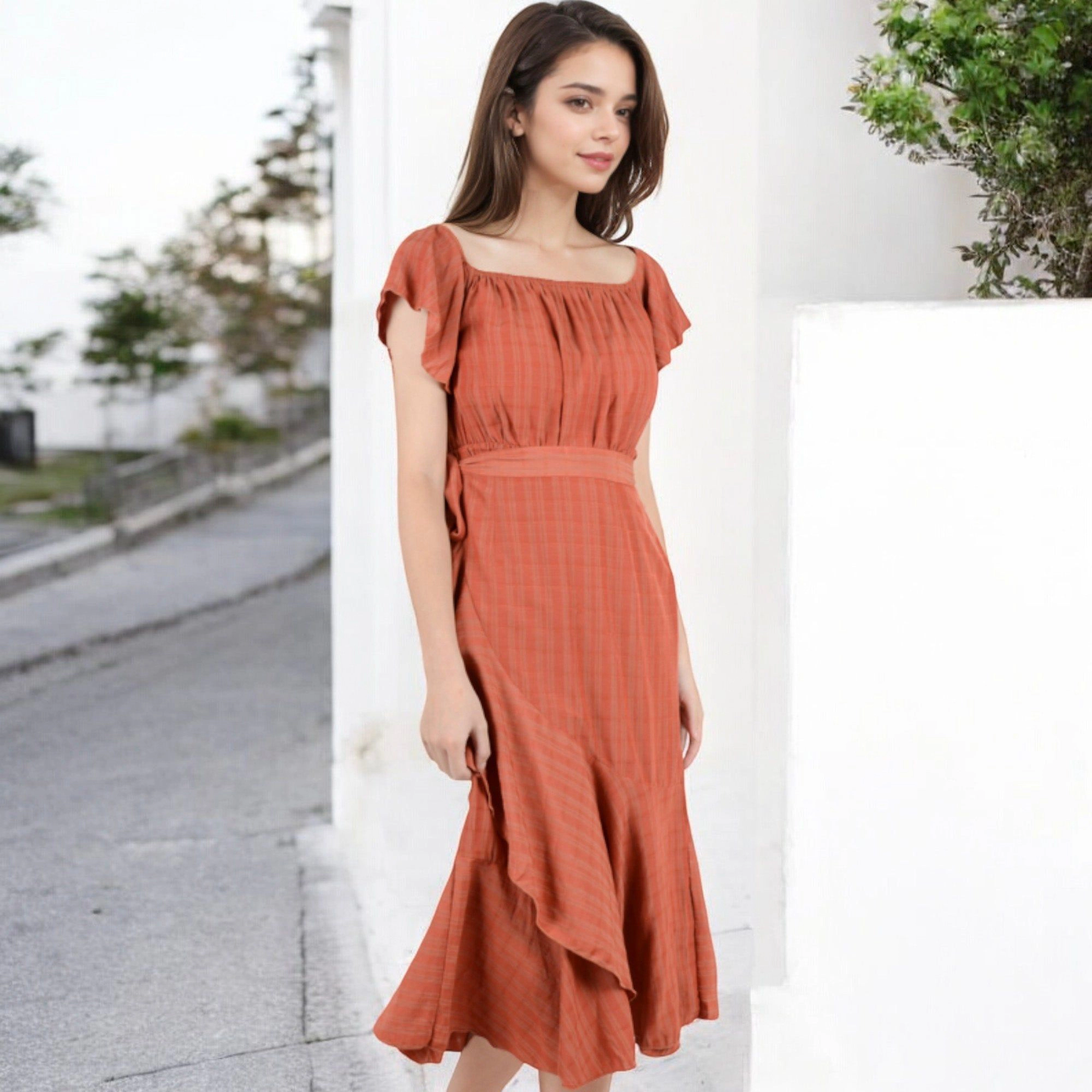 Anna-Kaci Women's Off Shoulder Plaid Flutter Sleeve Asymmetrical Hem Midi Dress