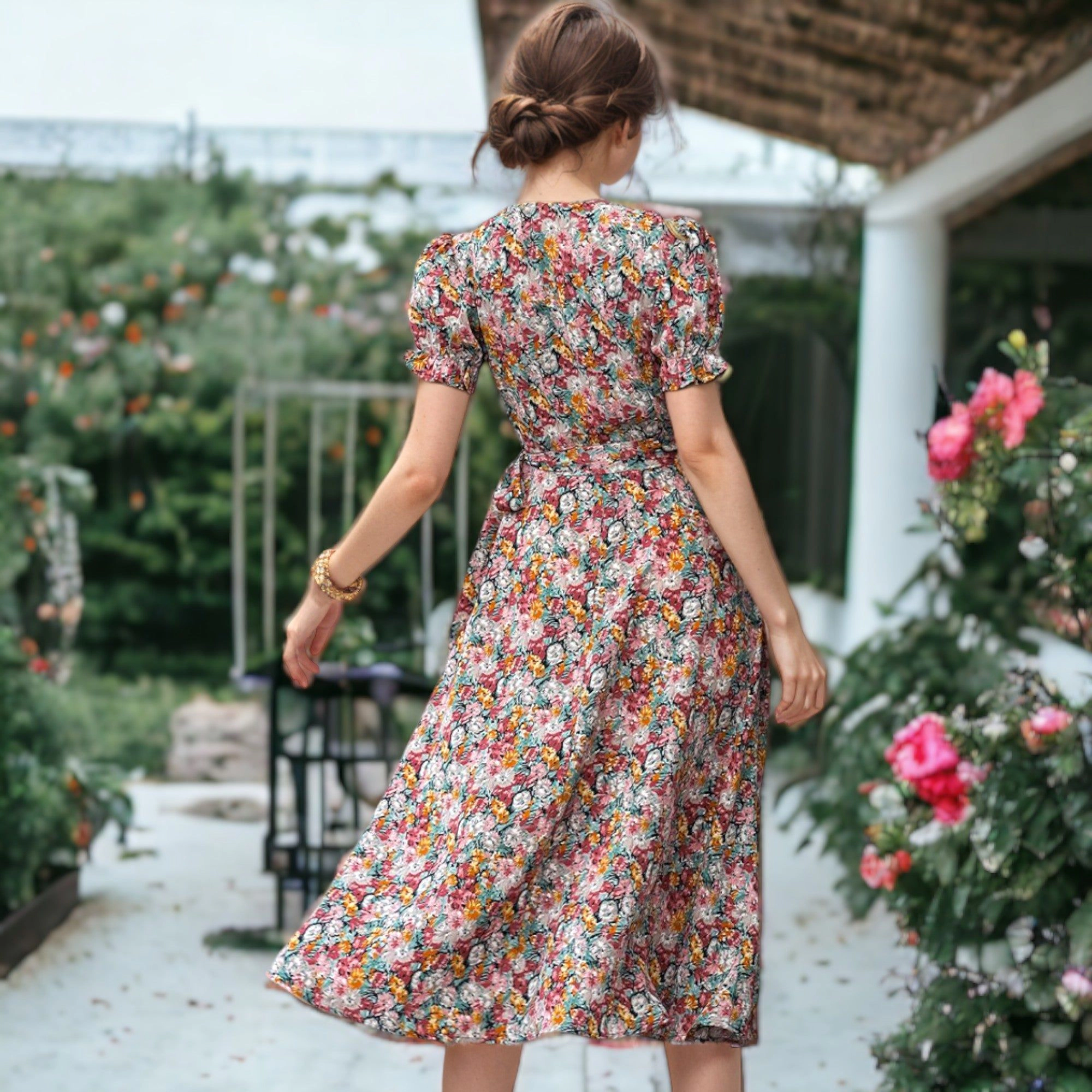 Anna-Kaci Surplice V-Neck Floral Midi Dress with Puff Sleeves