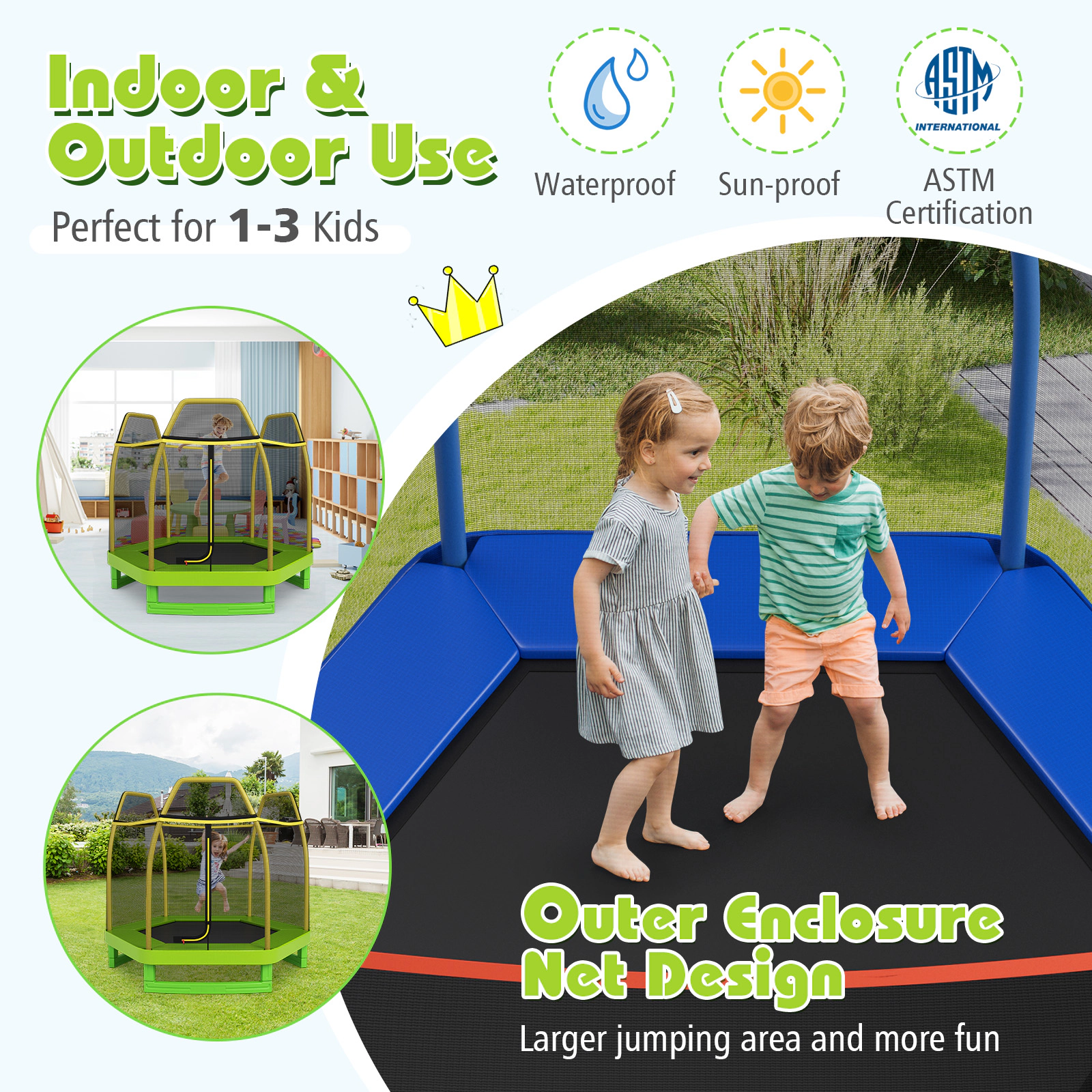 SUGIFT 7.3-ft Kids Recreational Bounce Jumper Trampoline with Enclosure Net 150-lb Capacity Ages 3+ Green