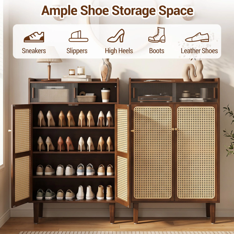 Hivvago 5-Tier Bamboo Shoe Cabinet with Woven Rattan Doors and Sliding Doors for Entryway